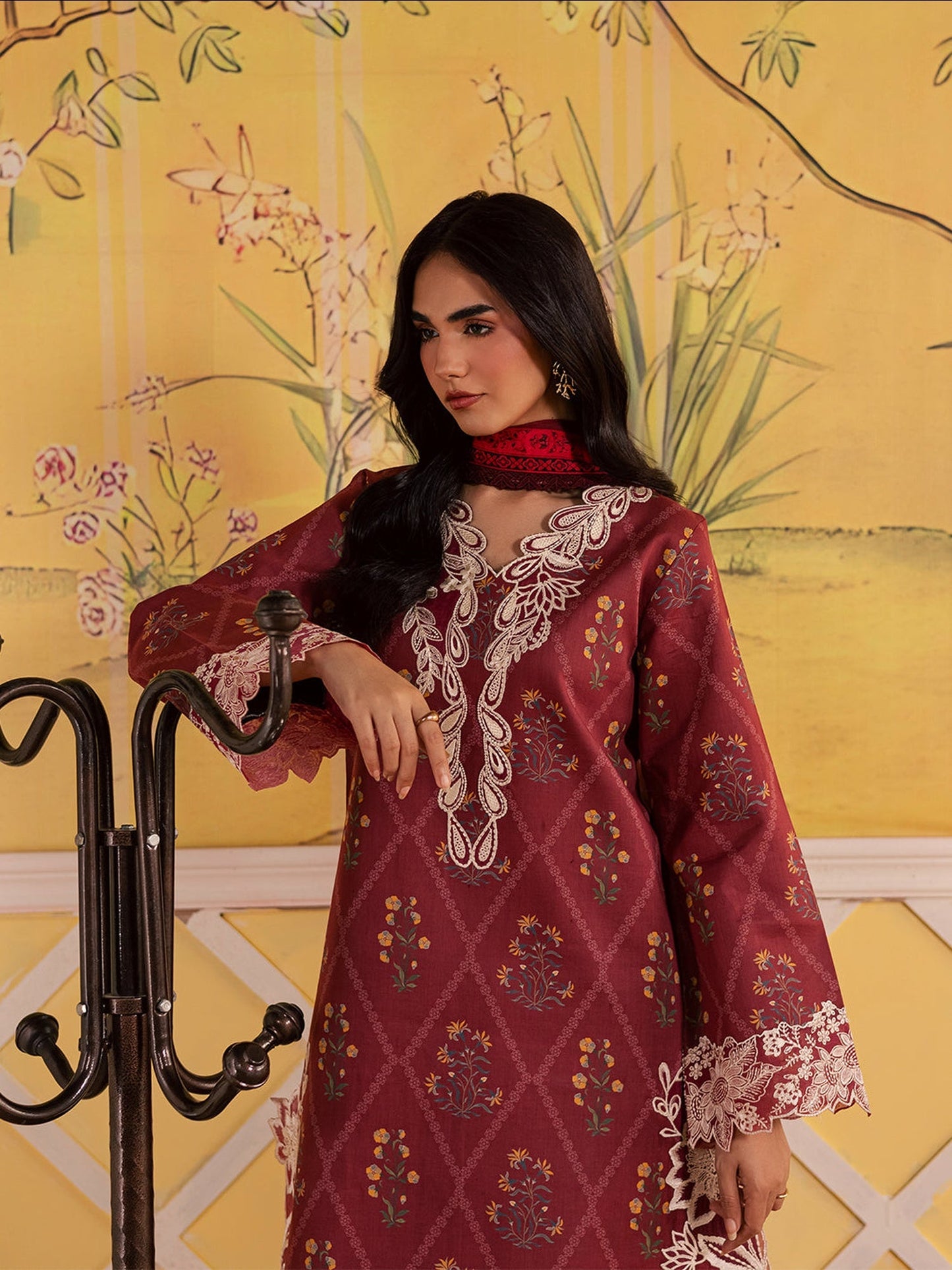 Maroon Mahnur Afsana Lawn'26 Embroidered Stitched 3-Piece Suit-AL-09