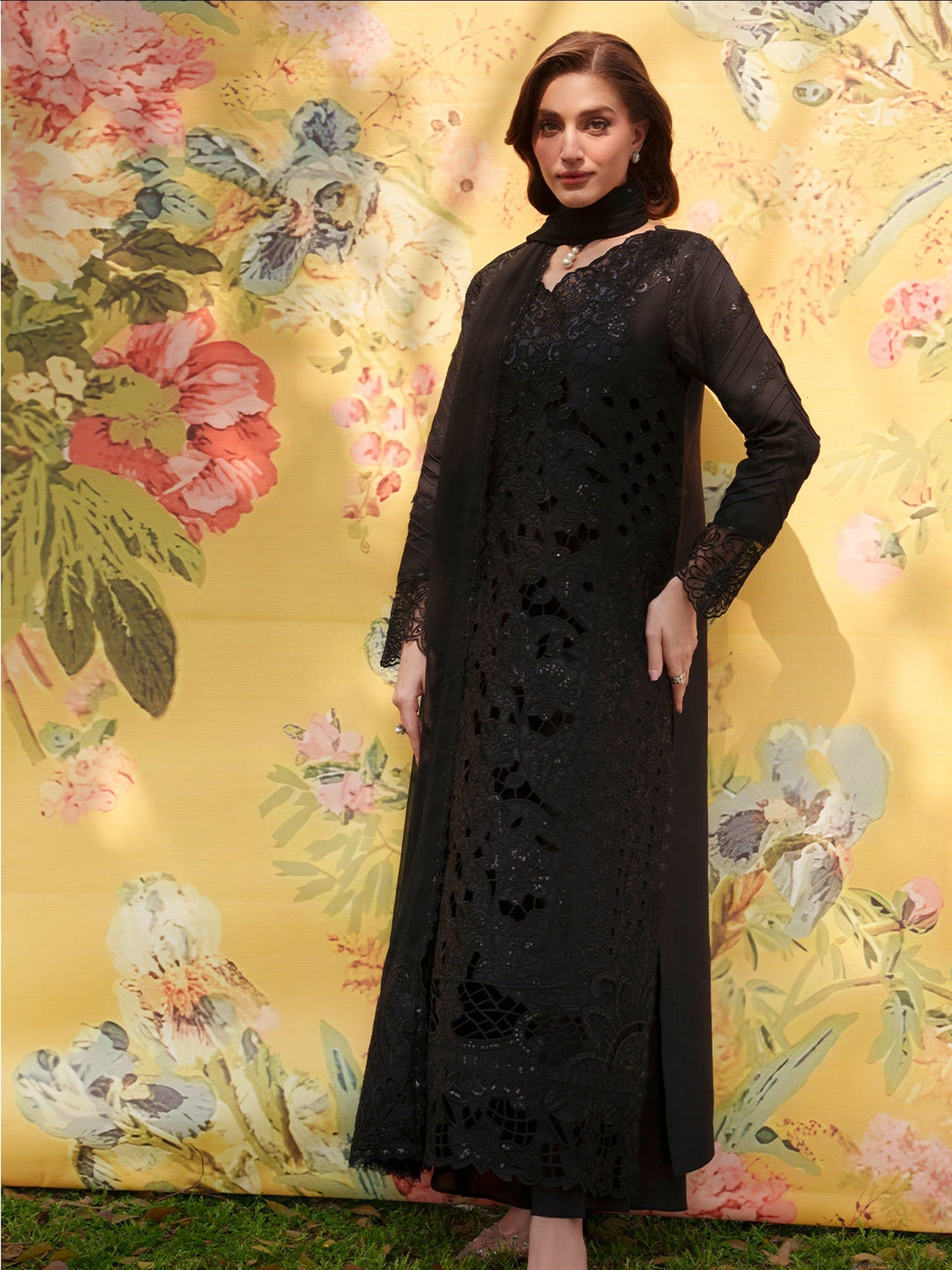 Black Mahnur Nilofer Luxury Lawn'26 Embroidered Unstitched 3-Piece Suit-NL-14