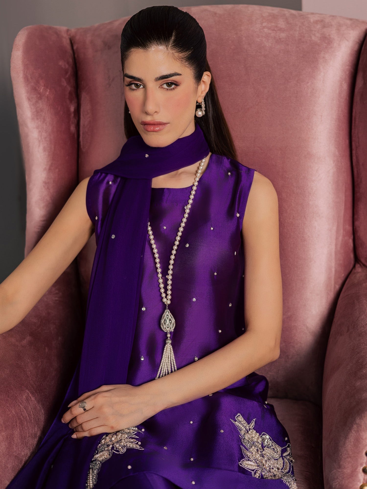 Purple Allure By IH Full Circle Tussel Silk Embellished Stitched 3-Piece Suit-Luxe