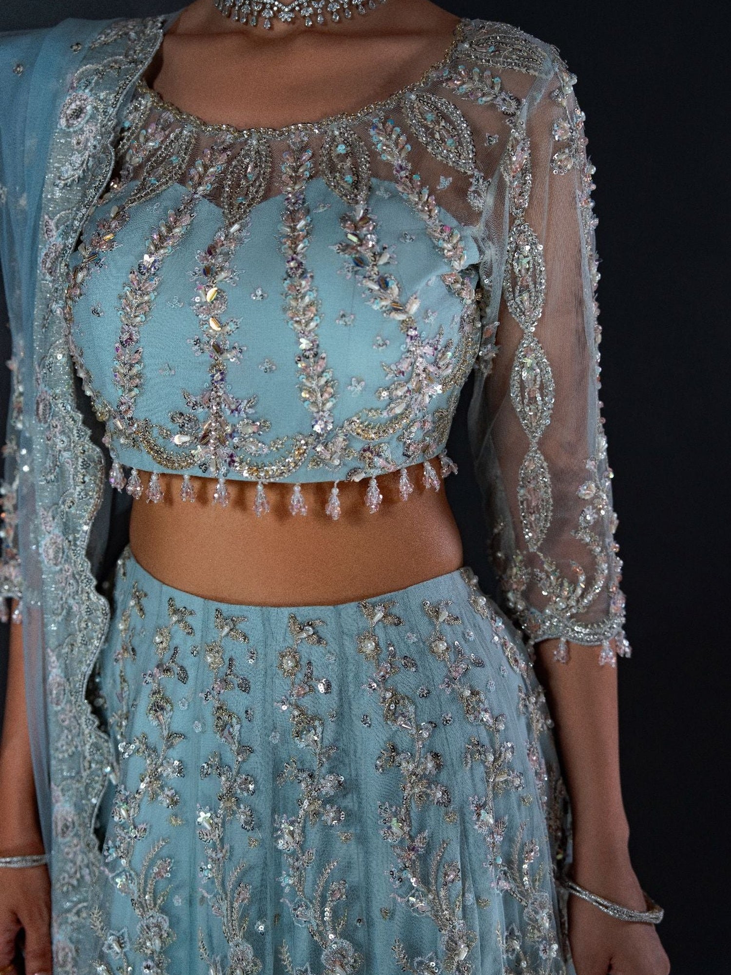 Blue Enzo Reve Dore Net Embellished Unstitched Lehnga Set-Syera