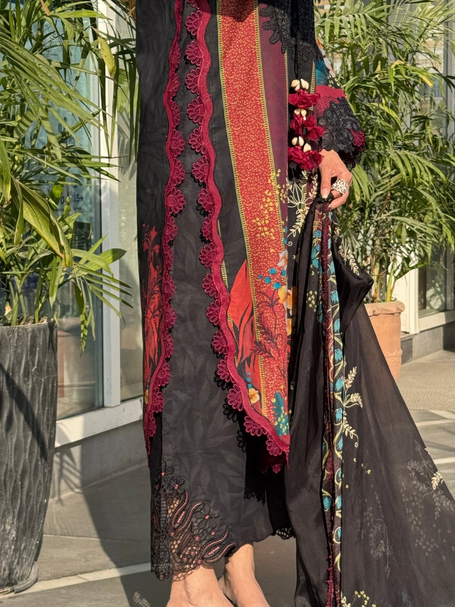 Black and Crimson Sehrish Kanwal Festive Print'26 Lawn Embroidered Stitched 3-Piece Suit-Eshal