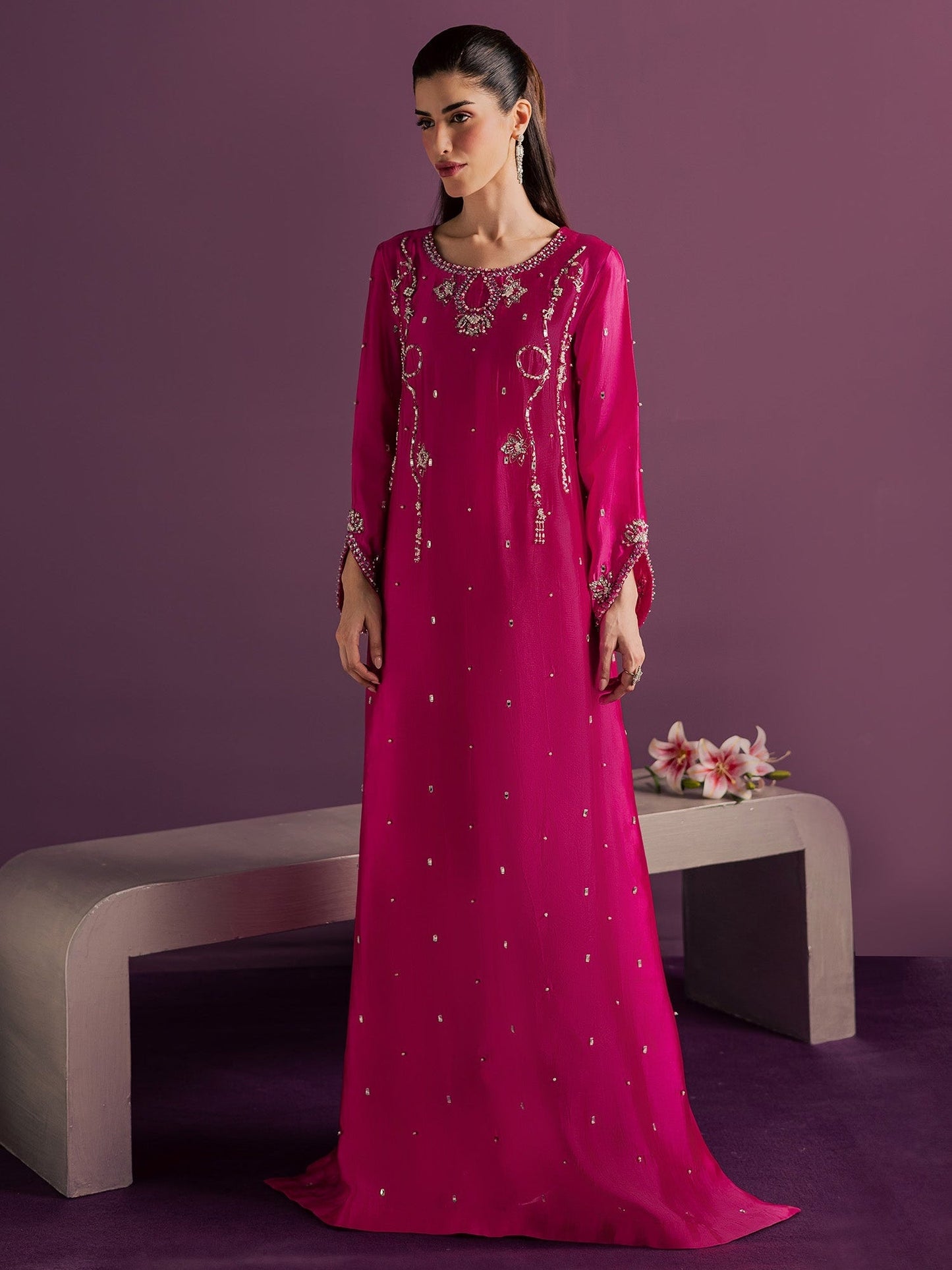 Pink Allure By IH Full Circle Tussel Silk Embroidered Kaftan Set-Orbit