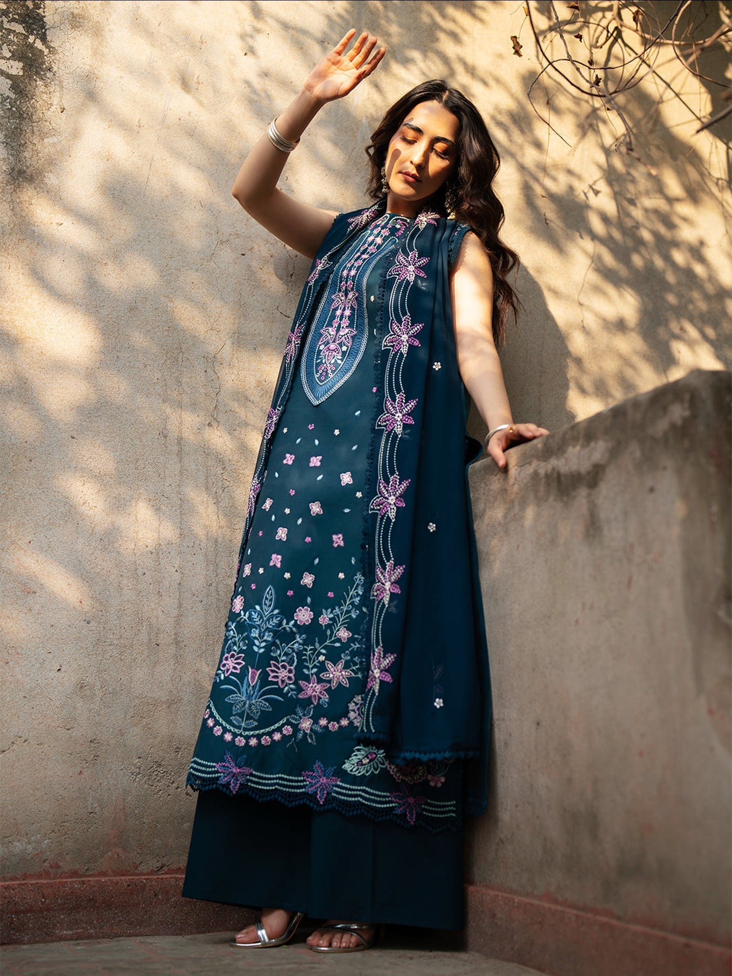 Blue Mahnur Satrangi Lawn'26 Embroidered Stitched 3-Piece Suit-ST-03
