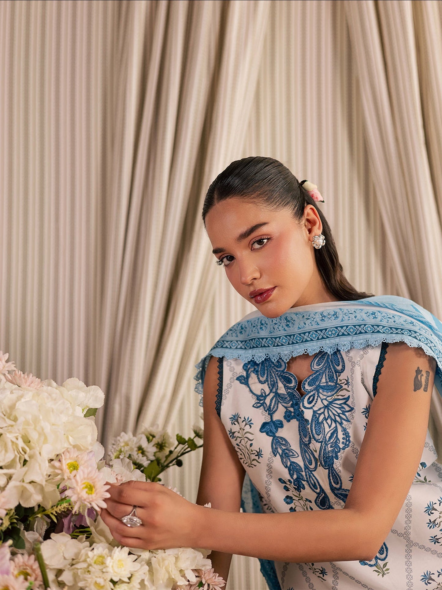 Blue and White Mahnur Afsana Lawn'26 Embroidered Stitched 3-Piece Suit-AL-10
