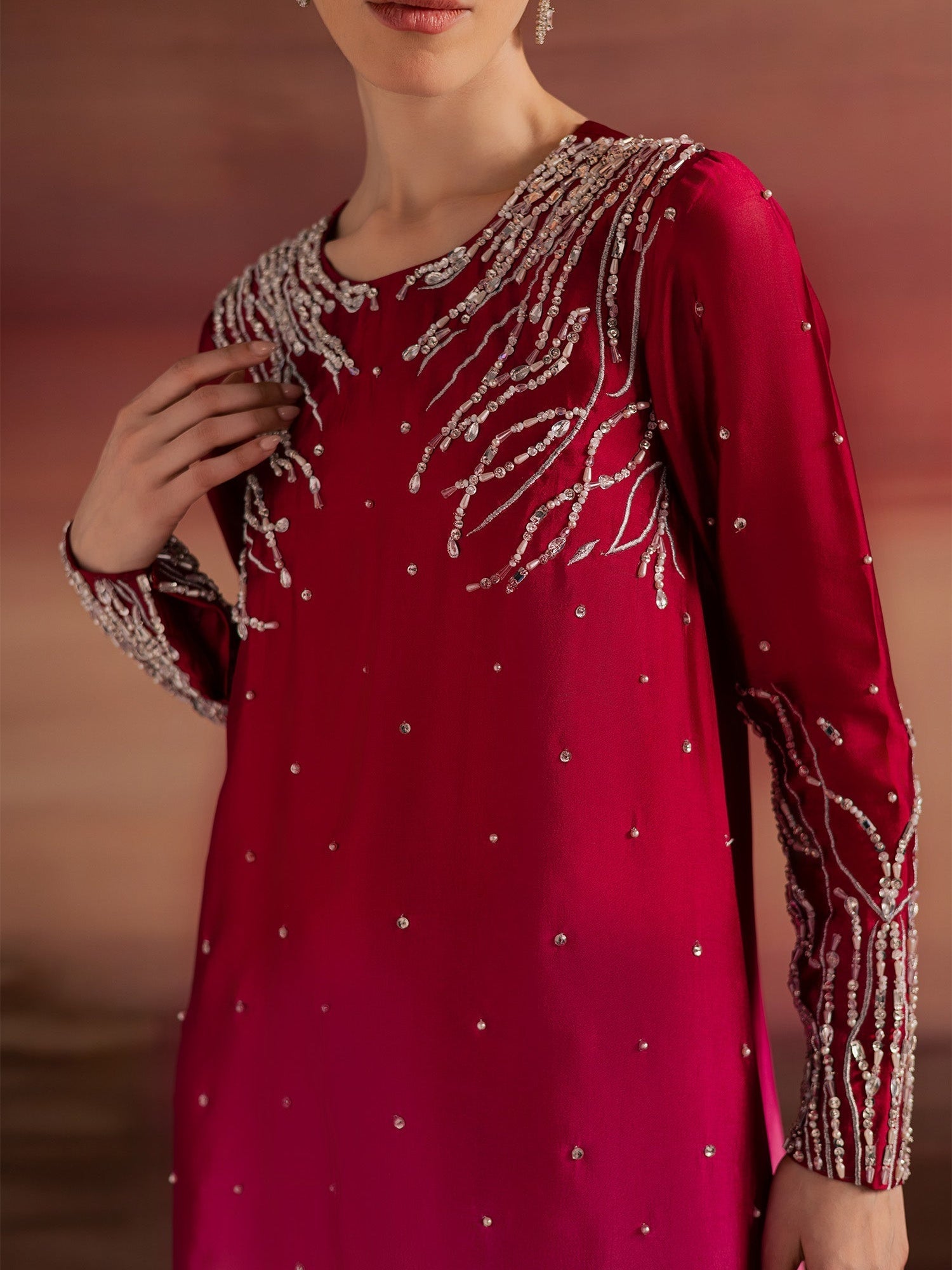Pink Peach Allure By IH Full Circle Tussel Silk Embellished Stitched 3-Piece Suit-Balance