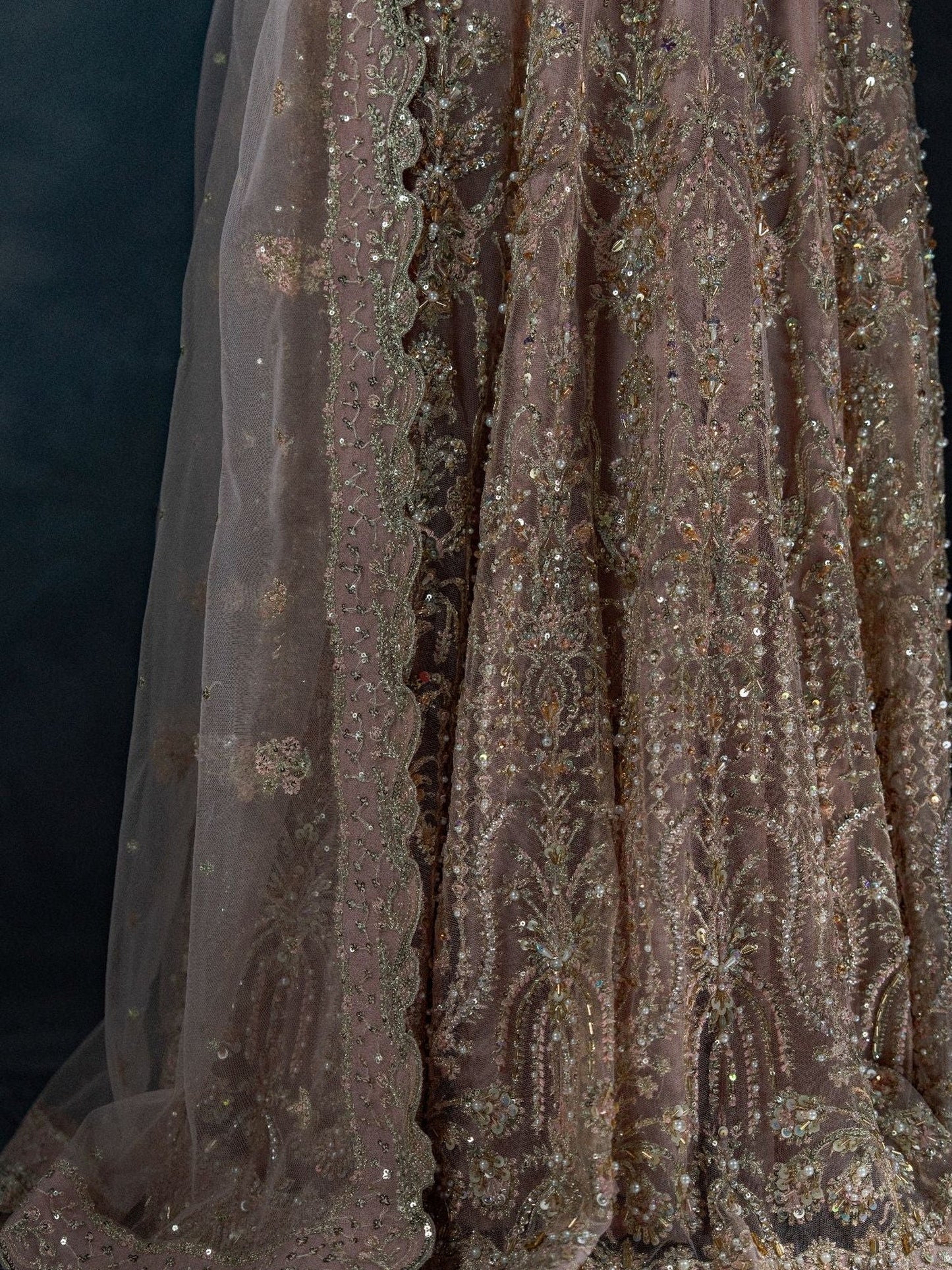 Peach Enzo Reve Dore Net Embellished Unstitched Lehnga Set-Maeve