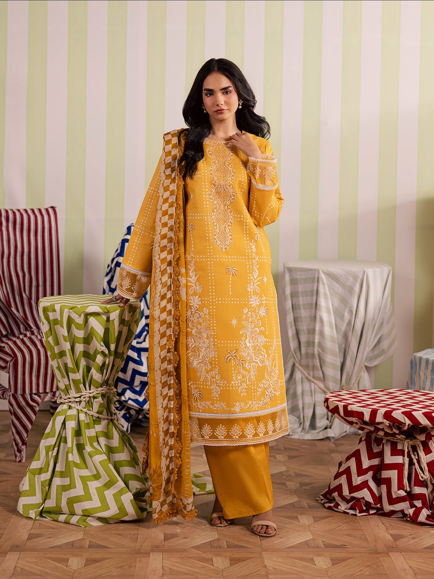 Yellow Mahnur Jahaan Lawn'26 Embroidered Stitched 3-Piece Suit-MJ-03