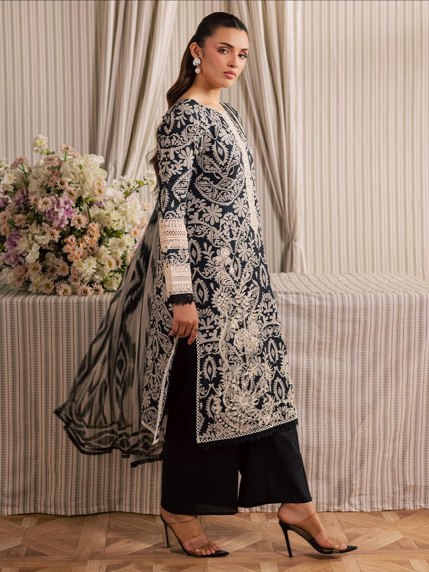 Black and Ivory Mahnur Jahaan Lawn'26 Embroidered Unstitched 3-Piece Suit-MJ-09