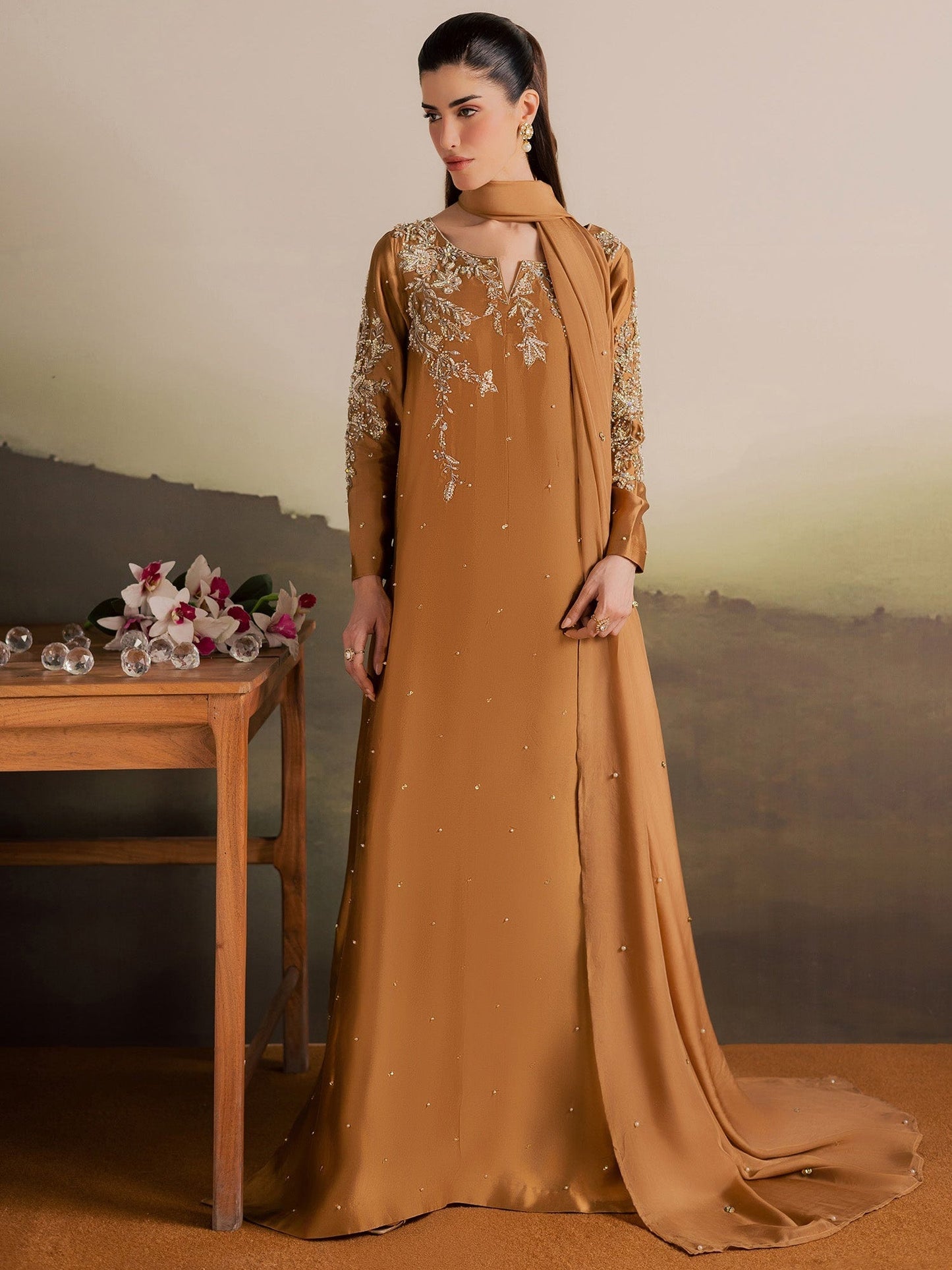 Brown Allure By IH Full Circle Tussel Silk Embroidered Kaftan Set-Gentle