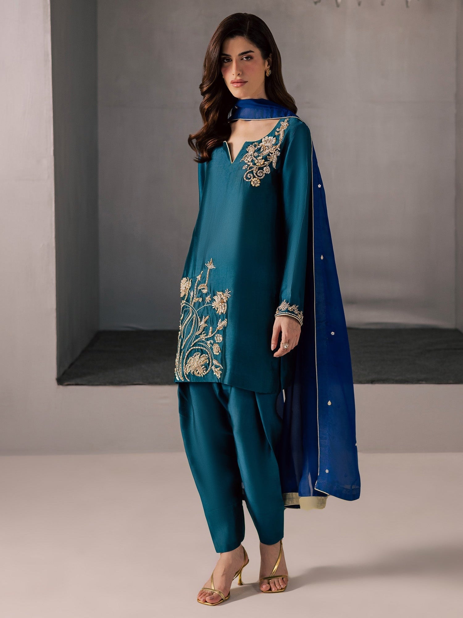 Blue Allure By IH Full Circle Tussel Silk Embroidered Stitched 3-Piece Suit-Flow