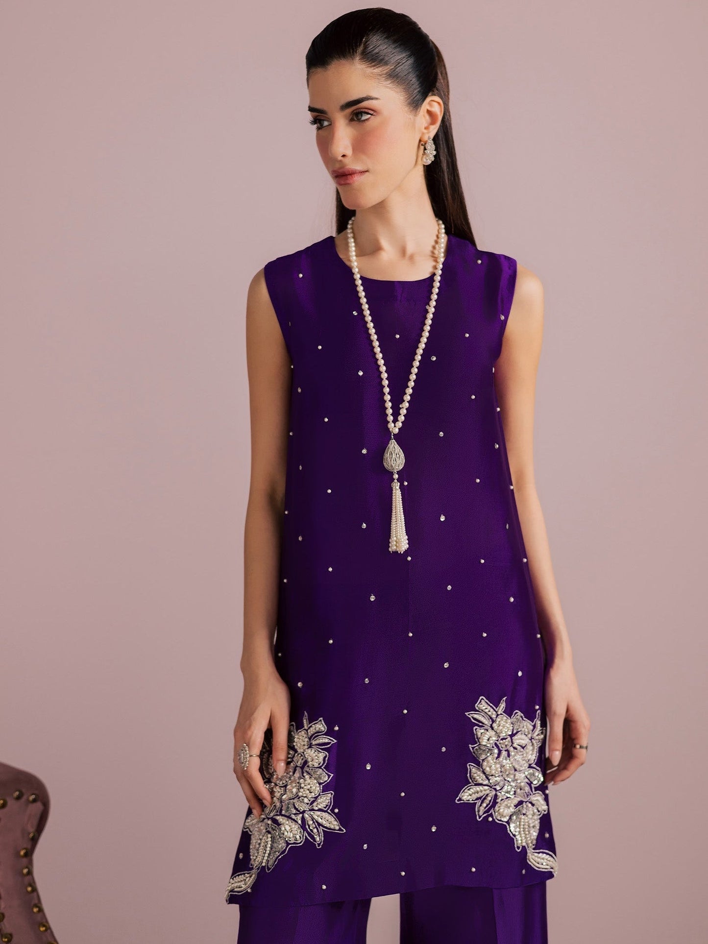 Purple Allure By IH Full Circle Tussel Silk Embellished Stitched 3-Piece Suit-Luxe