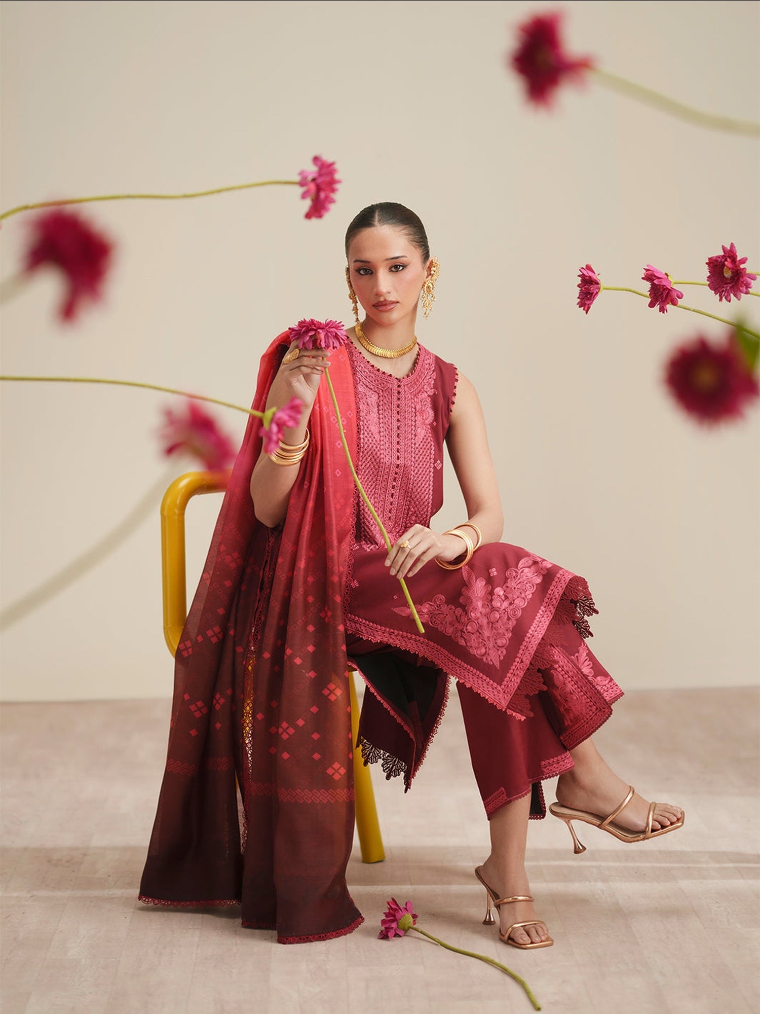 Maroon Binilyas Jojo Summer'26 Lawn Embroidered Unstitched 3-Piece Suit-763