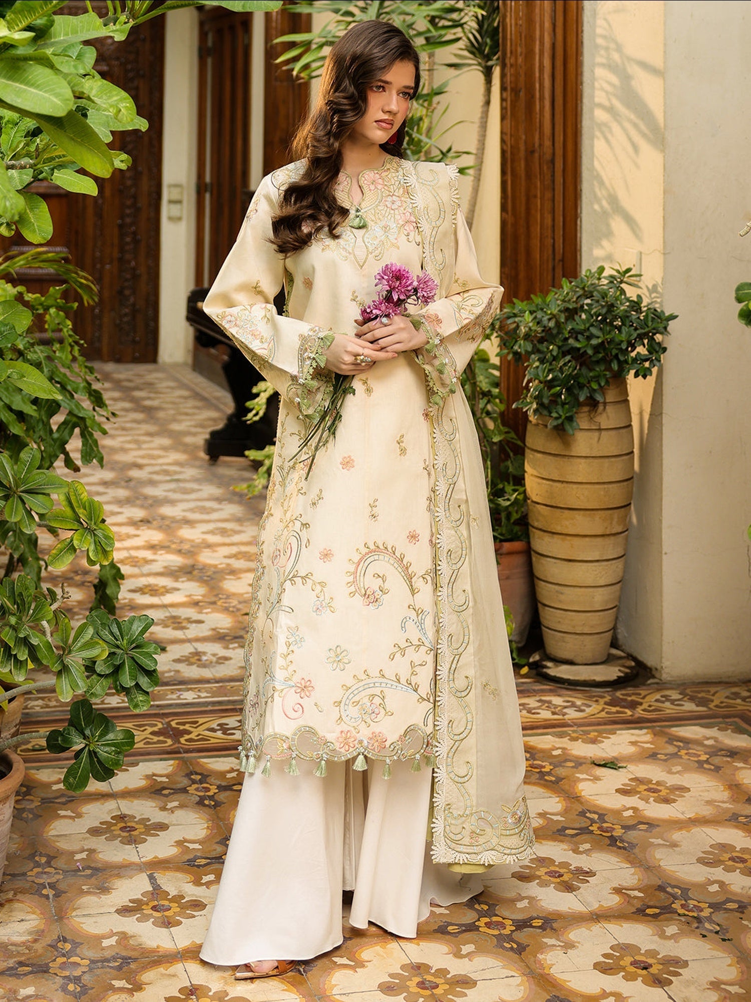 Cream-Mahnur Shanaya Lawn Vol 2 Embroidered Stitched 3-Piece Suit-SH-11