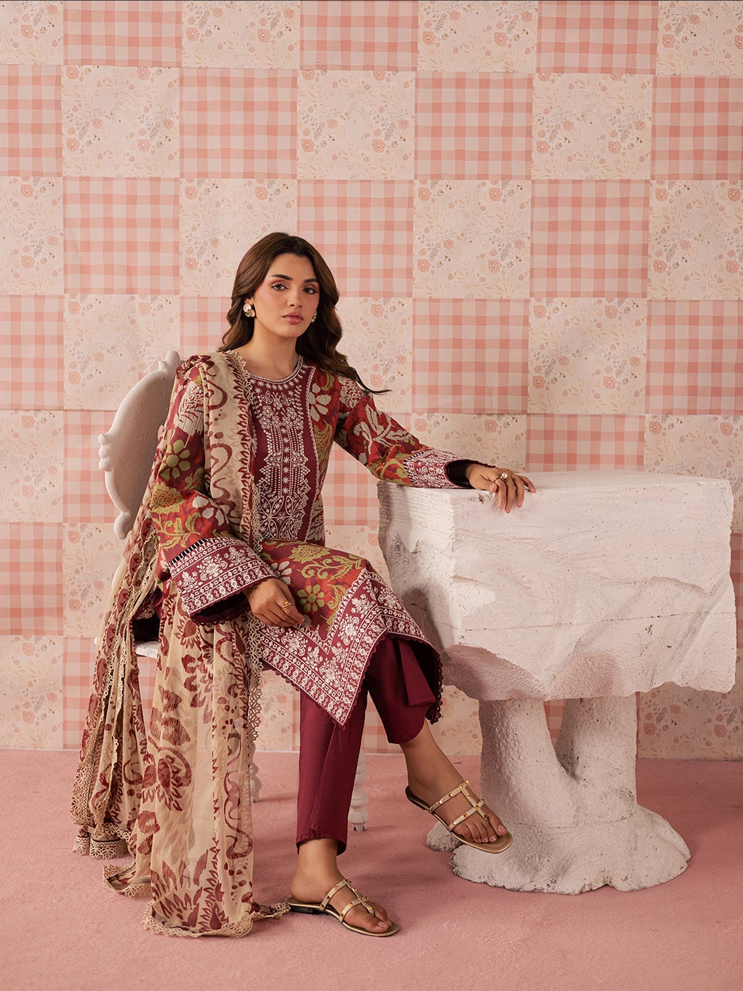 Maroon Mahnur Jahaan Lawn'26 Embroidered Unstitched 3-Piece Suit-MJ-05