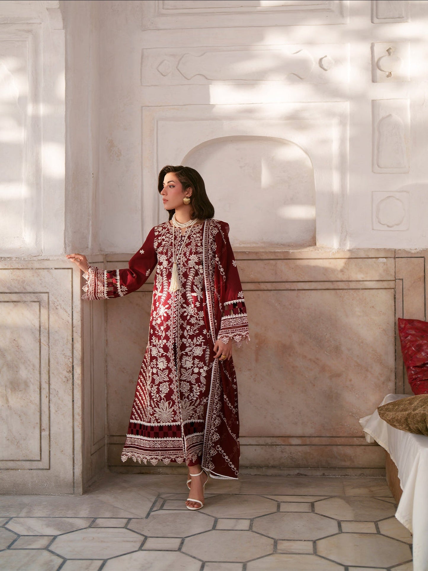 Maroon Mahnur Nilofer Luxury Lawn'26 Embroidered Unstitched 3-Piece Suit-NL-08