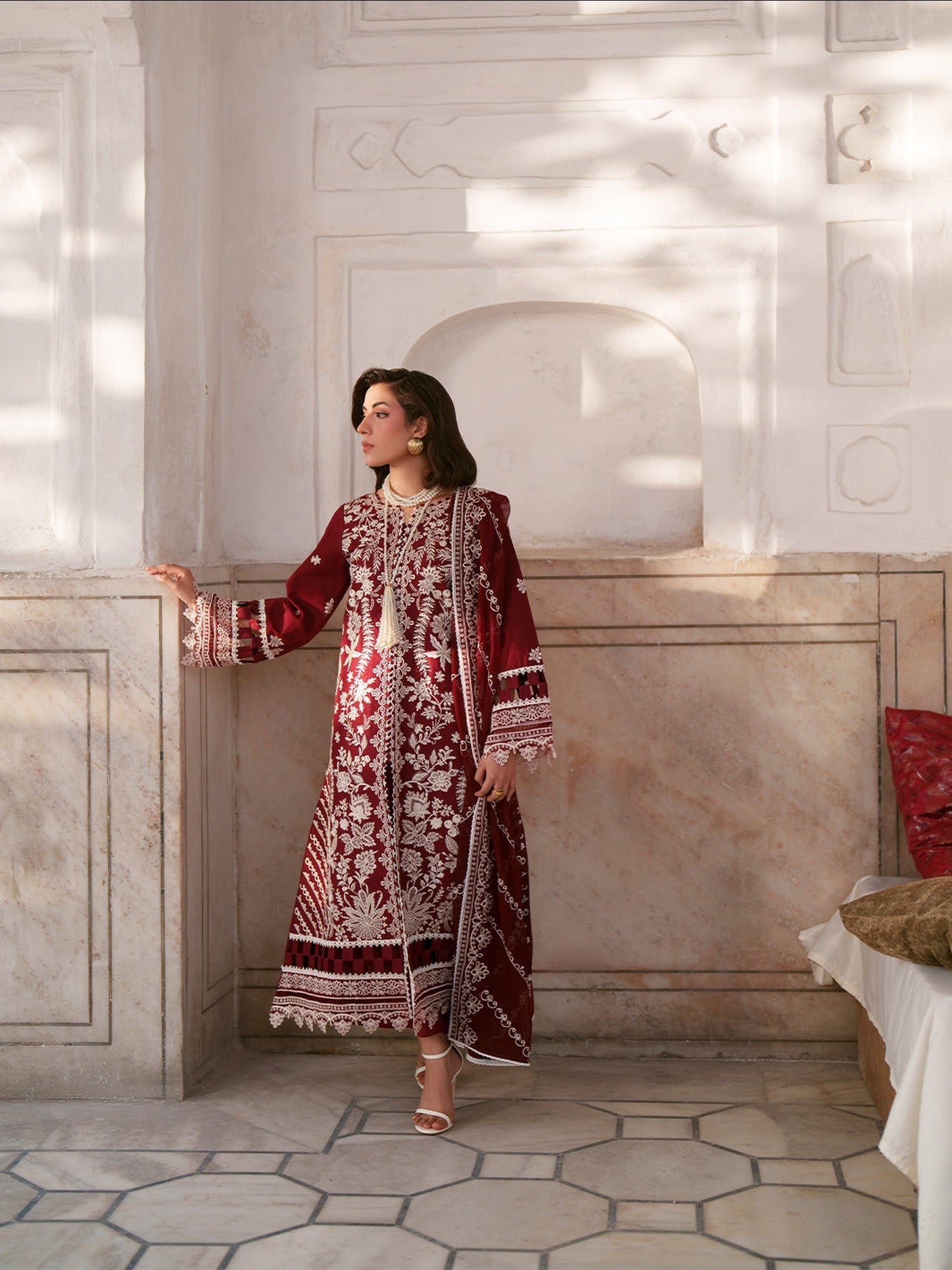 Maroon Mahnur Nilofer Luxury Lawn'26 Embroidered Unstitched 3-Piece Suit-NL-08