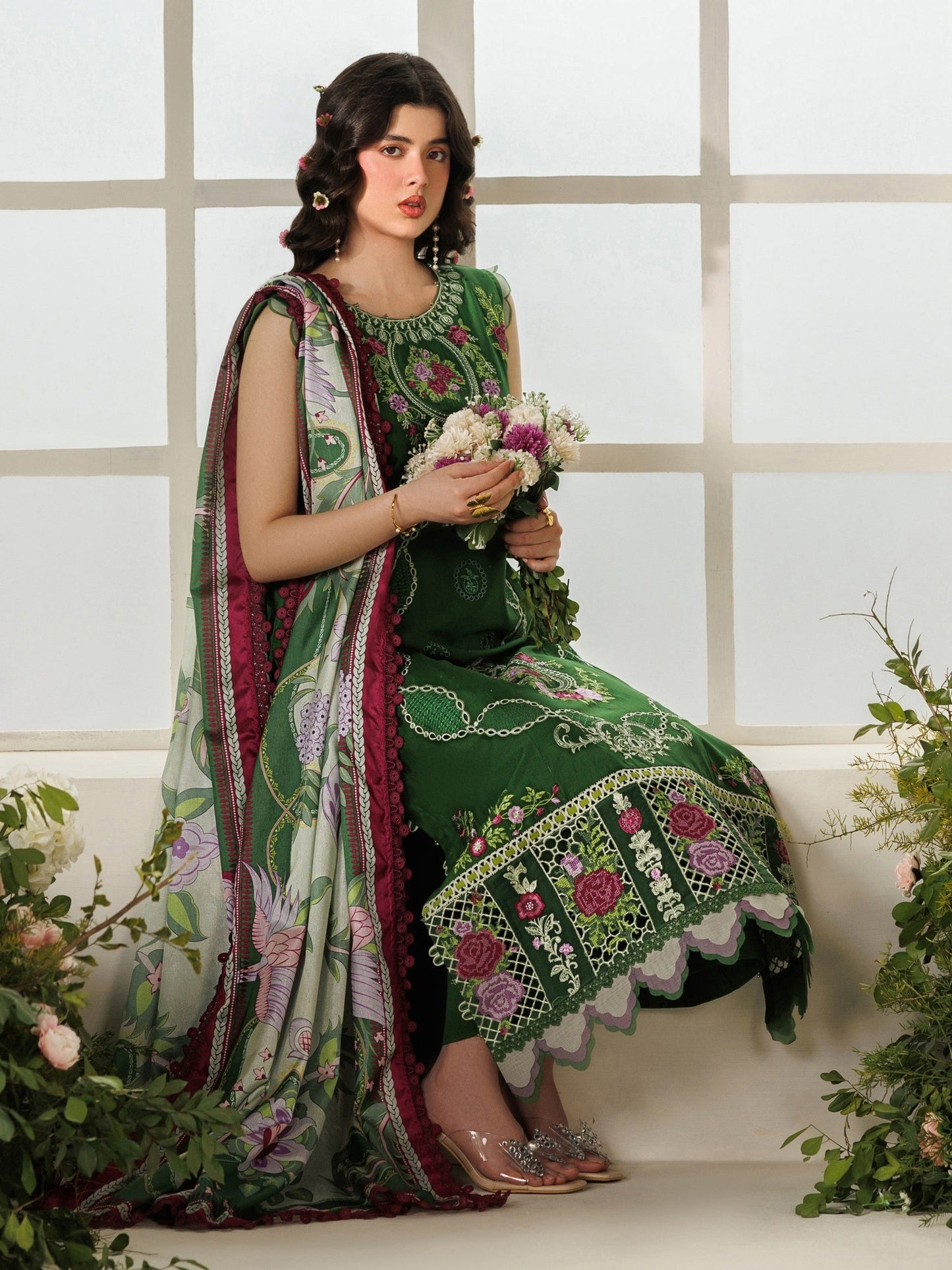 Green Parishay Marbella Summer Lawn‘26 Embroidered Unstitched 3-Piece Suit-MB-04