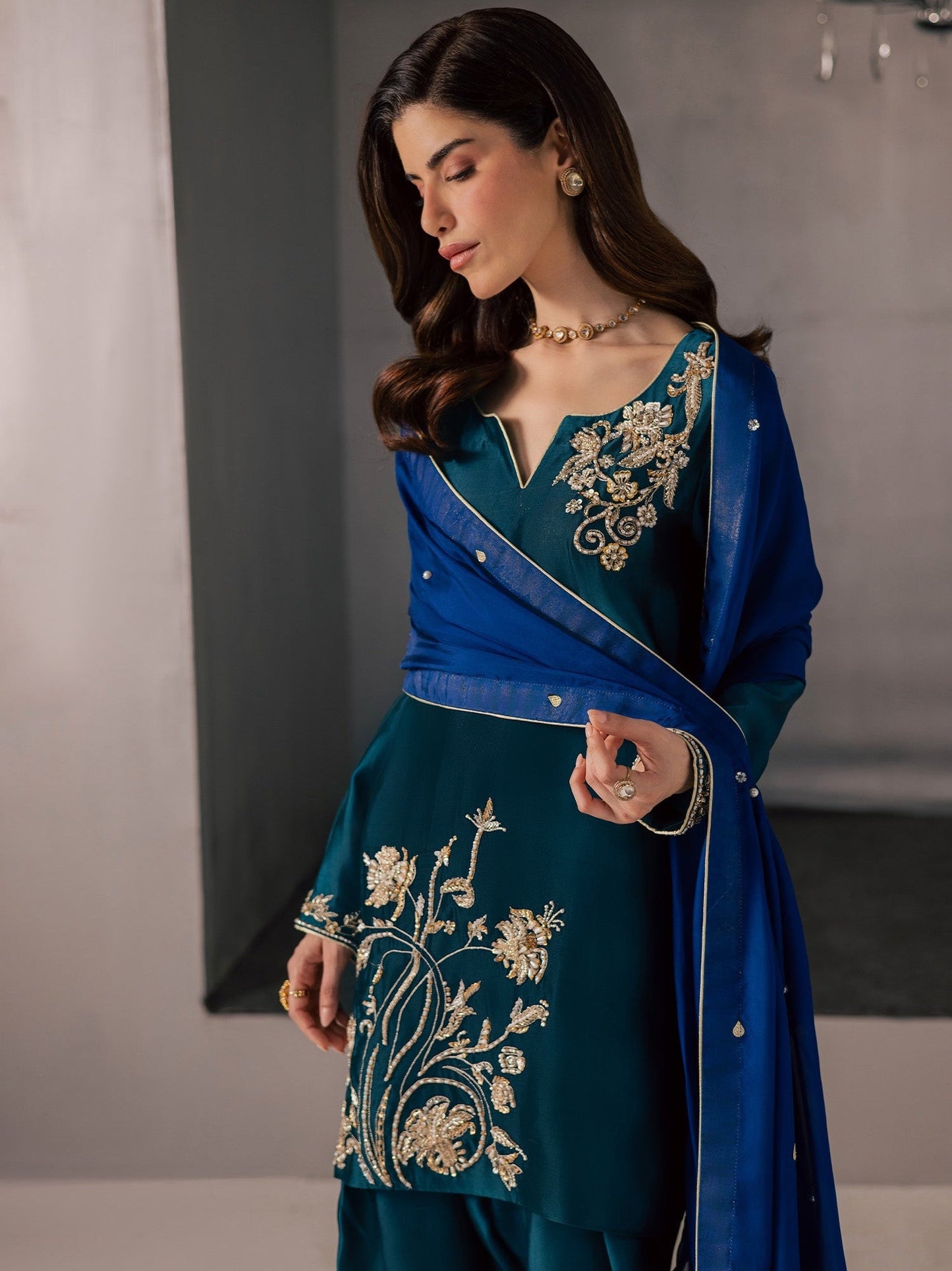 Blue Allure By IH Full Circle Tussel Silk Embroidered Stitched 3-Piece Suit-Flow