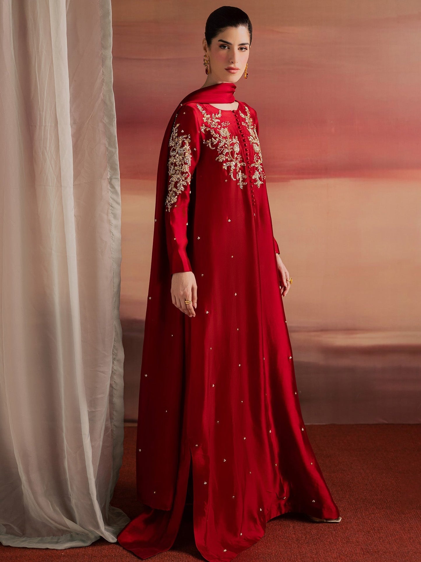 Red Allure By IH Full Circle Tussel Silk Embroidered Kaftan Set-Endless