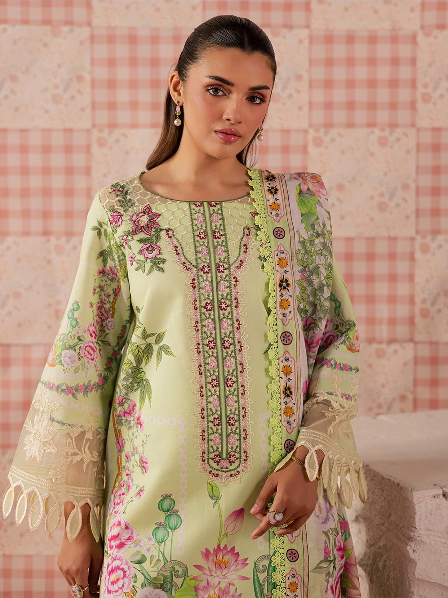 Lime Green Mahnur Afsana Lawn'26 Embroidered Stitched 3-Piece Suit-AL-01