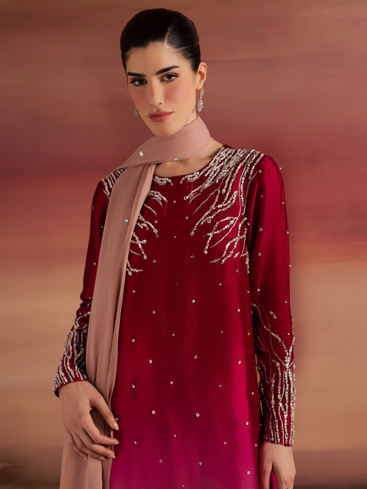 Pink Peach Allure By IH Full Circle Tussel Silk Embellished Stitched 3-Piece Suit-Balance