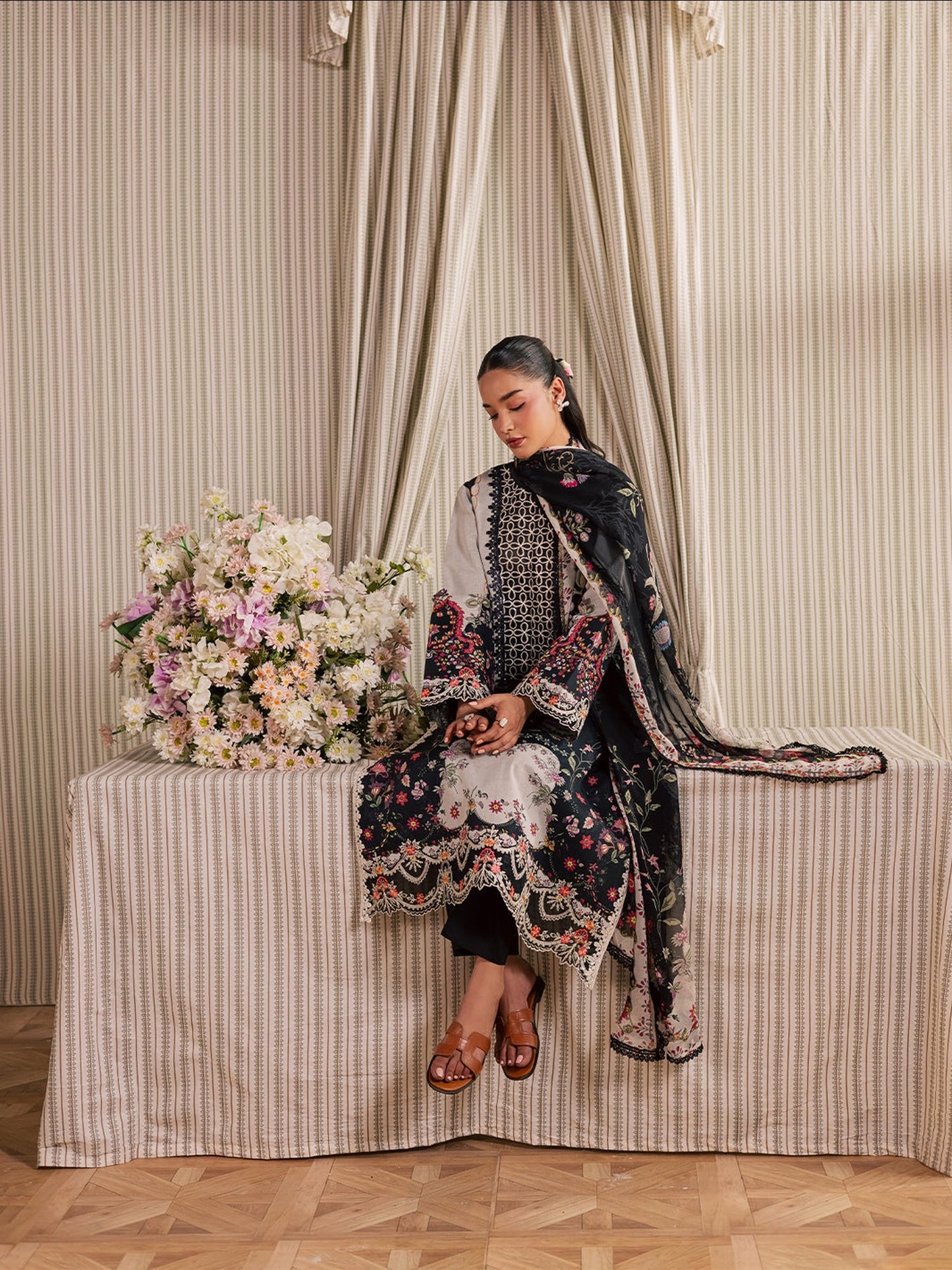 Black and Ivory Mahnur Jahaan Lawn'26 Embroidered Unstitched 3-Piece Suit-MJ-01