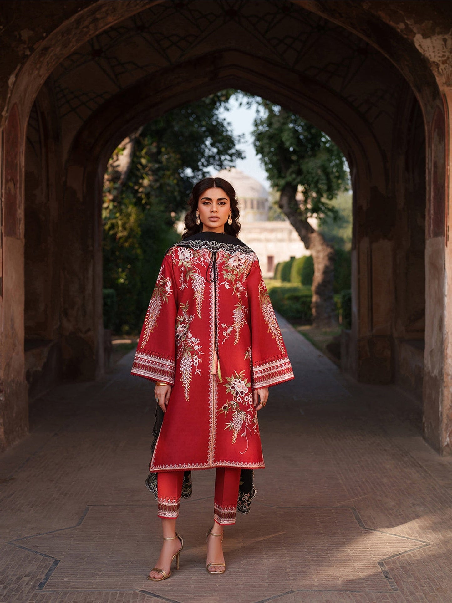 Red Binilyas Suroor Unstitched Lawn'26 Embroidered 3-Piece Suit-241-B