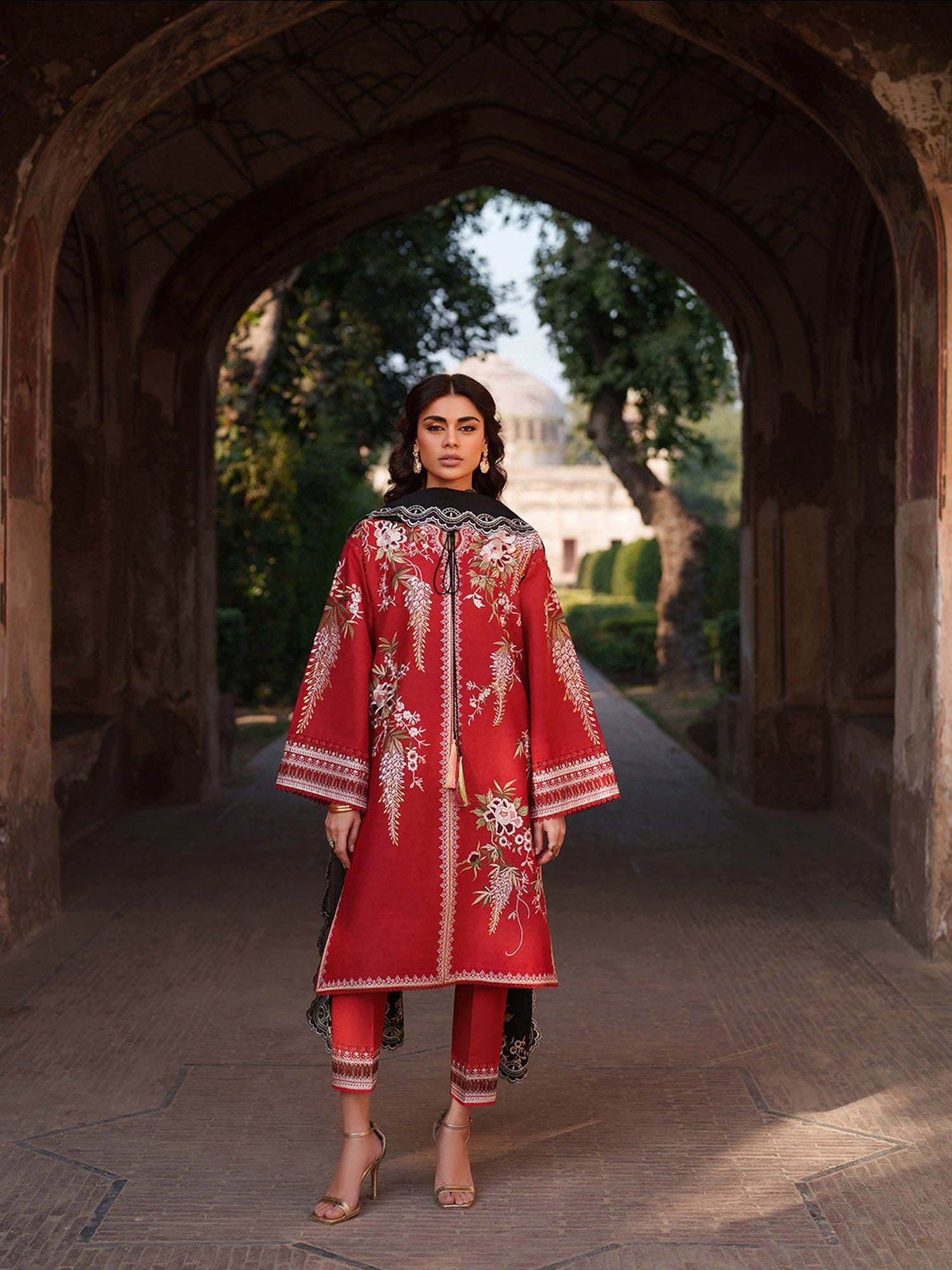 Red Binilyas Suroor Unstitched Lawn'26 Embroidered 3-Piece Suit-241-B