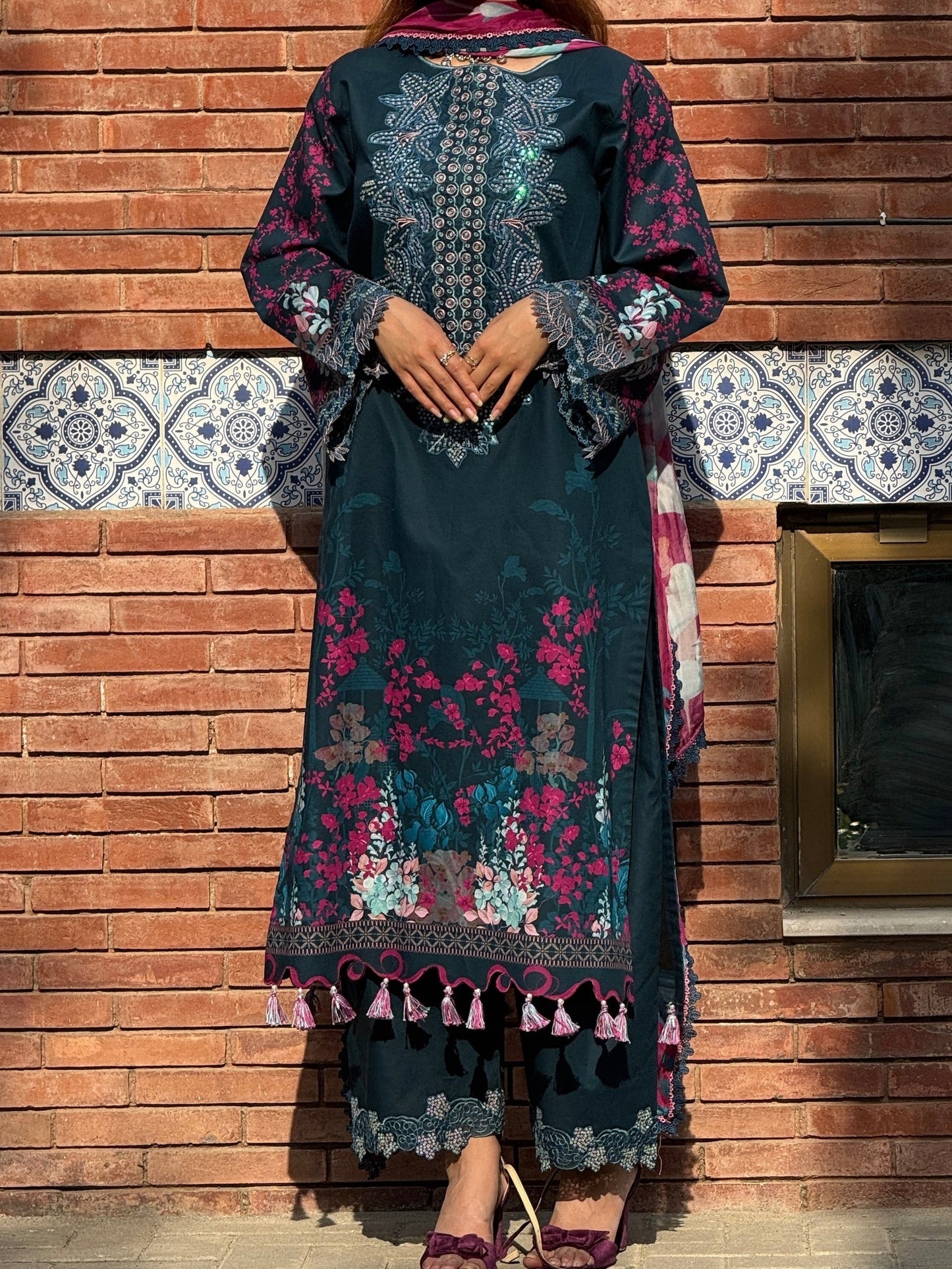 Zinc and Magenta Sehrish Kanwal Festive Print'26 Lawn Embroidered Stitched 3-Piece Suit-Selena