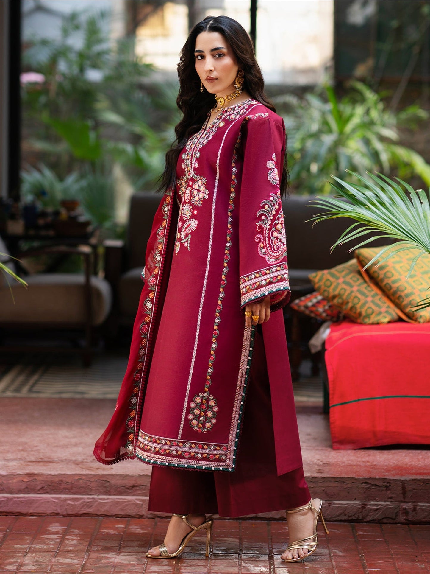 Burgundy Mahnur Satrangi Lawn '26 Embroidered Unstitched 3-Piece Suit-ST-06