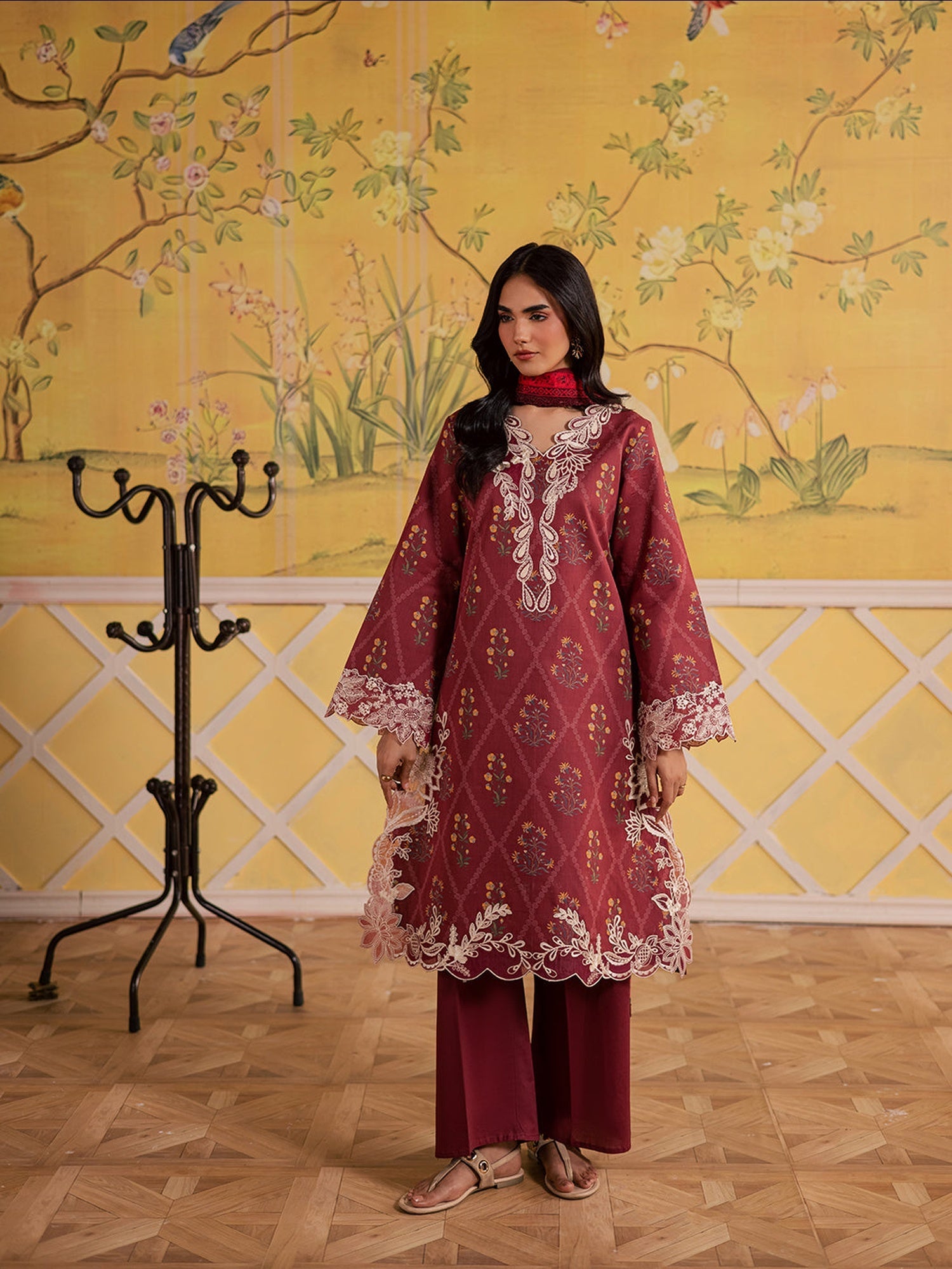 Maroon Mahnur Afsana Lawn'26 Embroidered Stitched 3-Piece Suit-AL-09