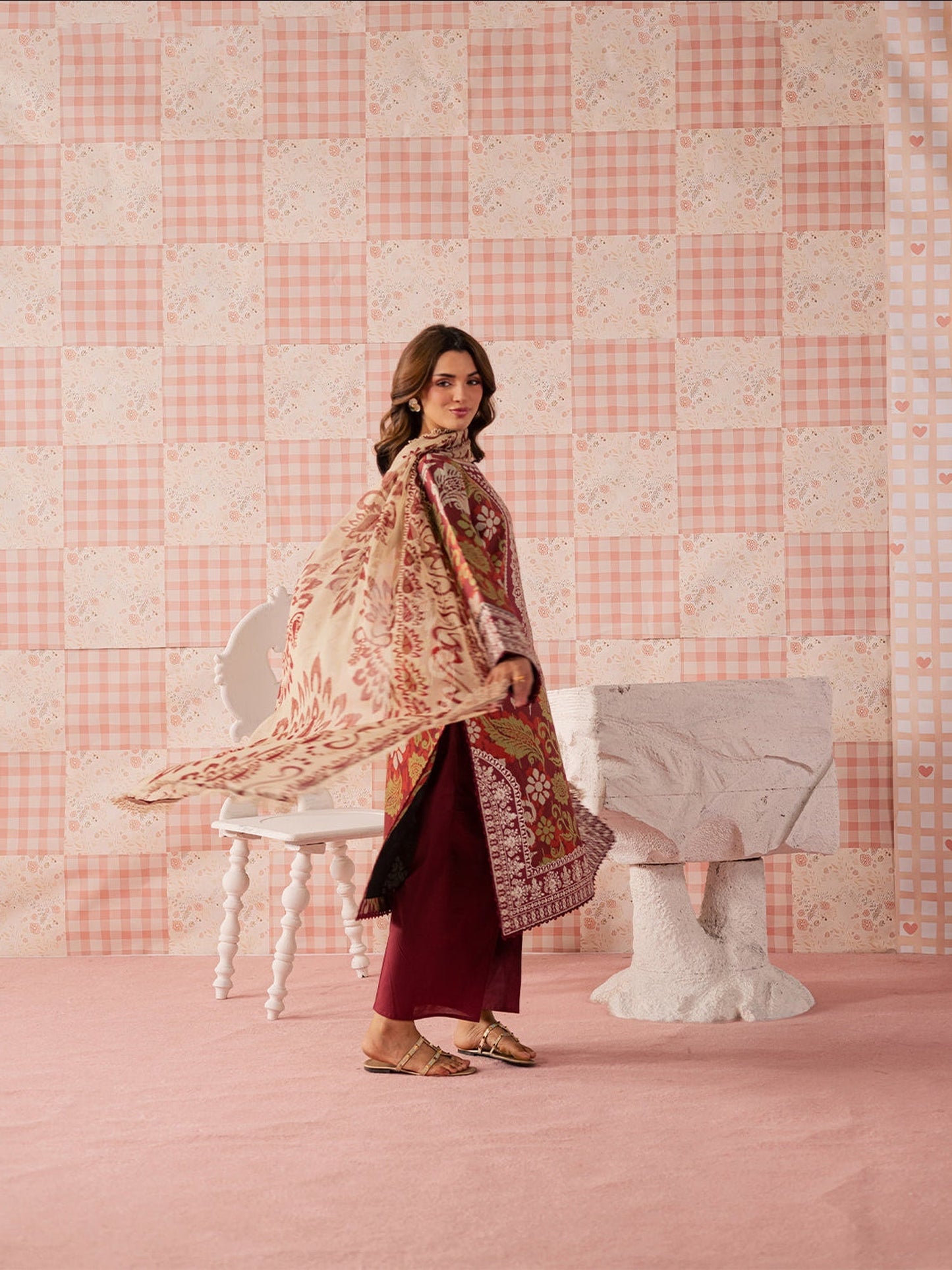 Maroon Mahnur Jahaan Lawn'26 Embroidered Stitched 3-Piece Suit-MJ-05