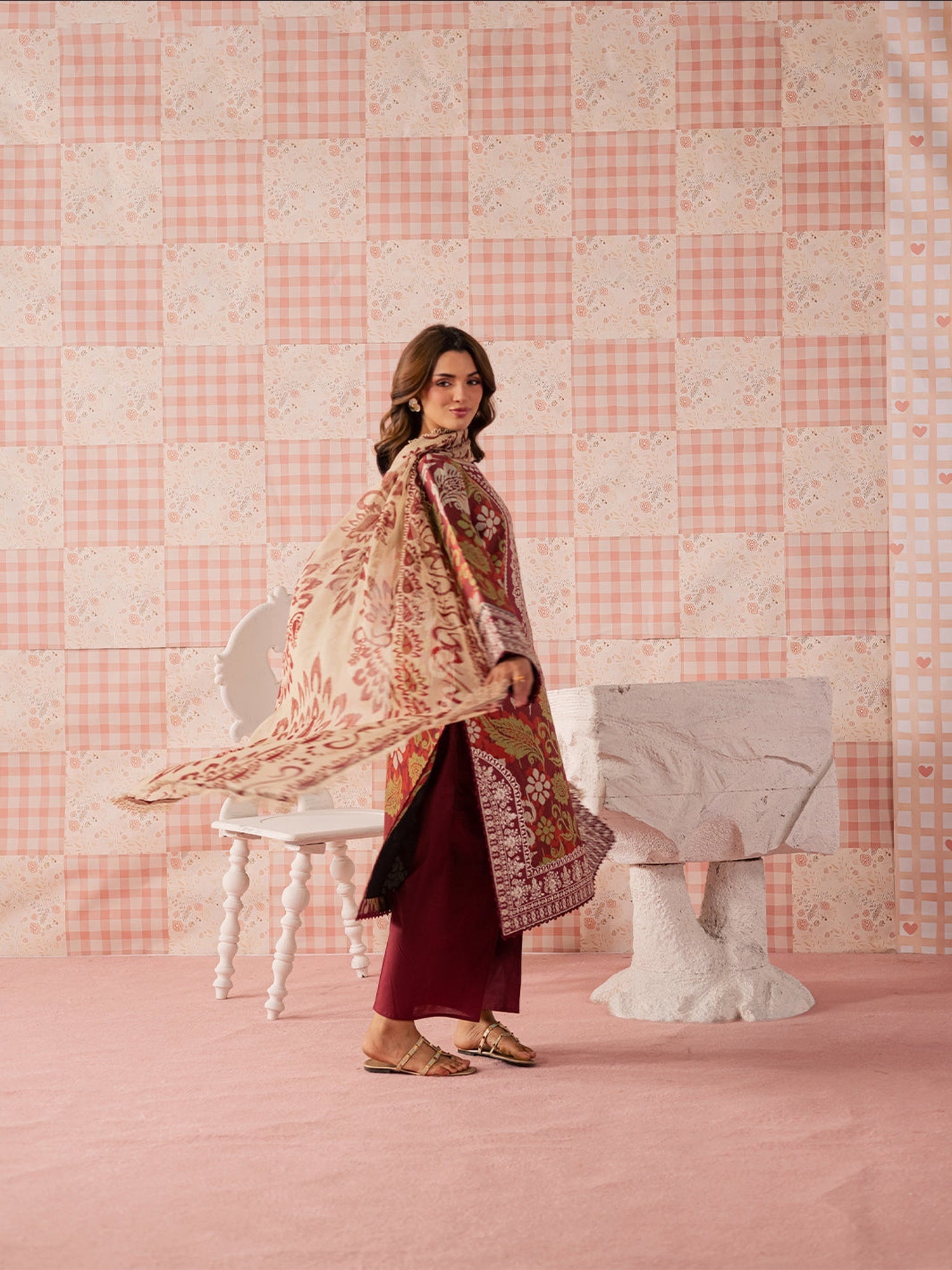 Maroon Mahnur Jahaan Lawn'26 Embroidered Stitched 3-Piece Suit-MJ-05