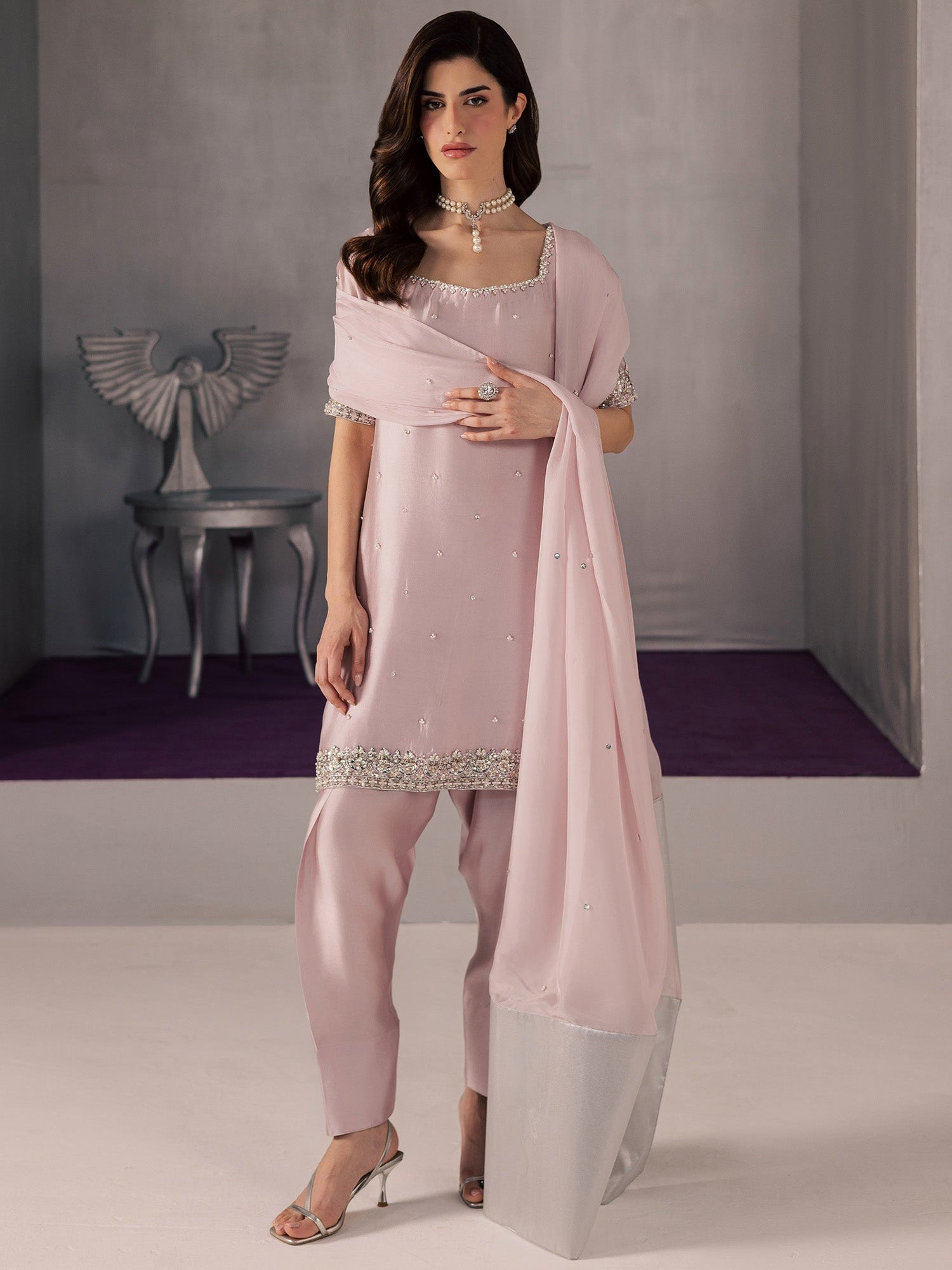 Pink Allure By IH Full Circle Tussel Silk Embellished Stitched 3-Piece Suit-Curve
