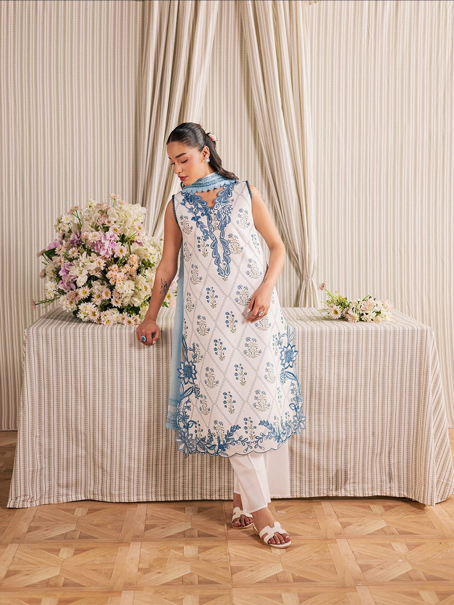 White and Blue Mahnur Afsana Lawn'26 Embroidered Unstitched 3-Piece Suit-AL-10