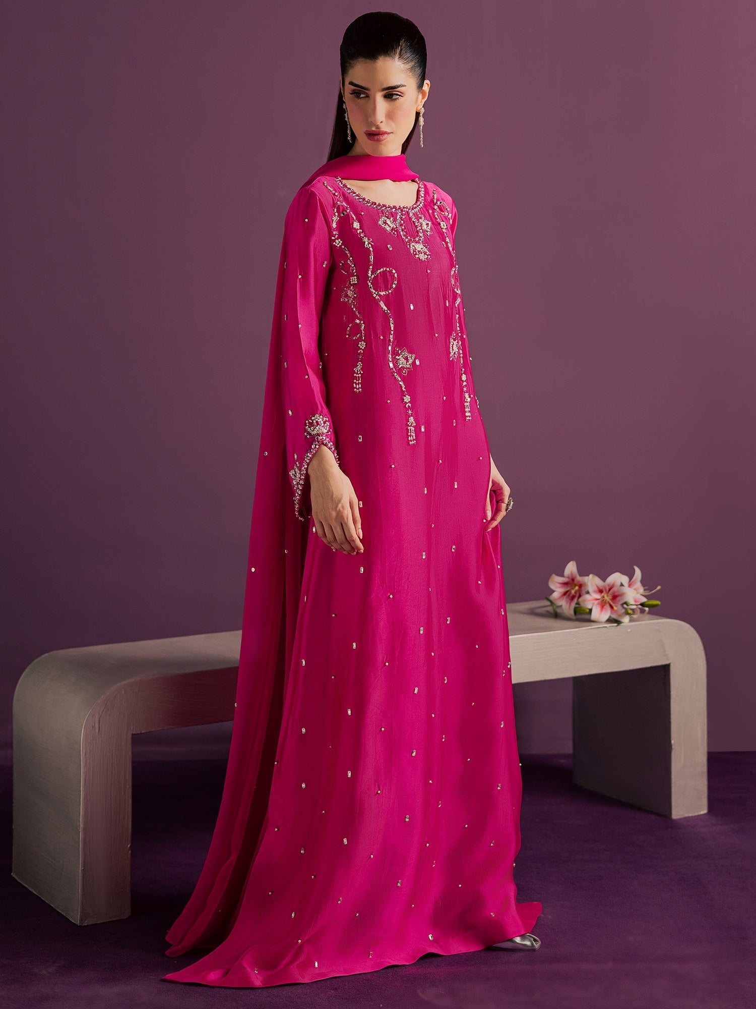 Pink Allure By IH Full Circle Tussel Silk Embroidered Kaftan Set-Orbit