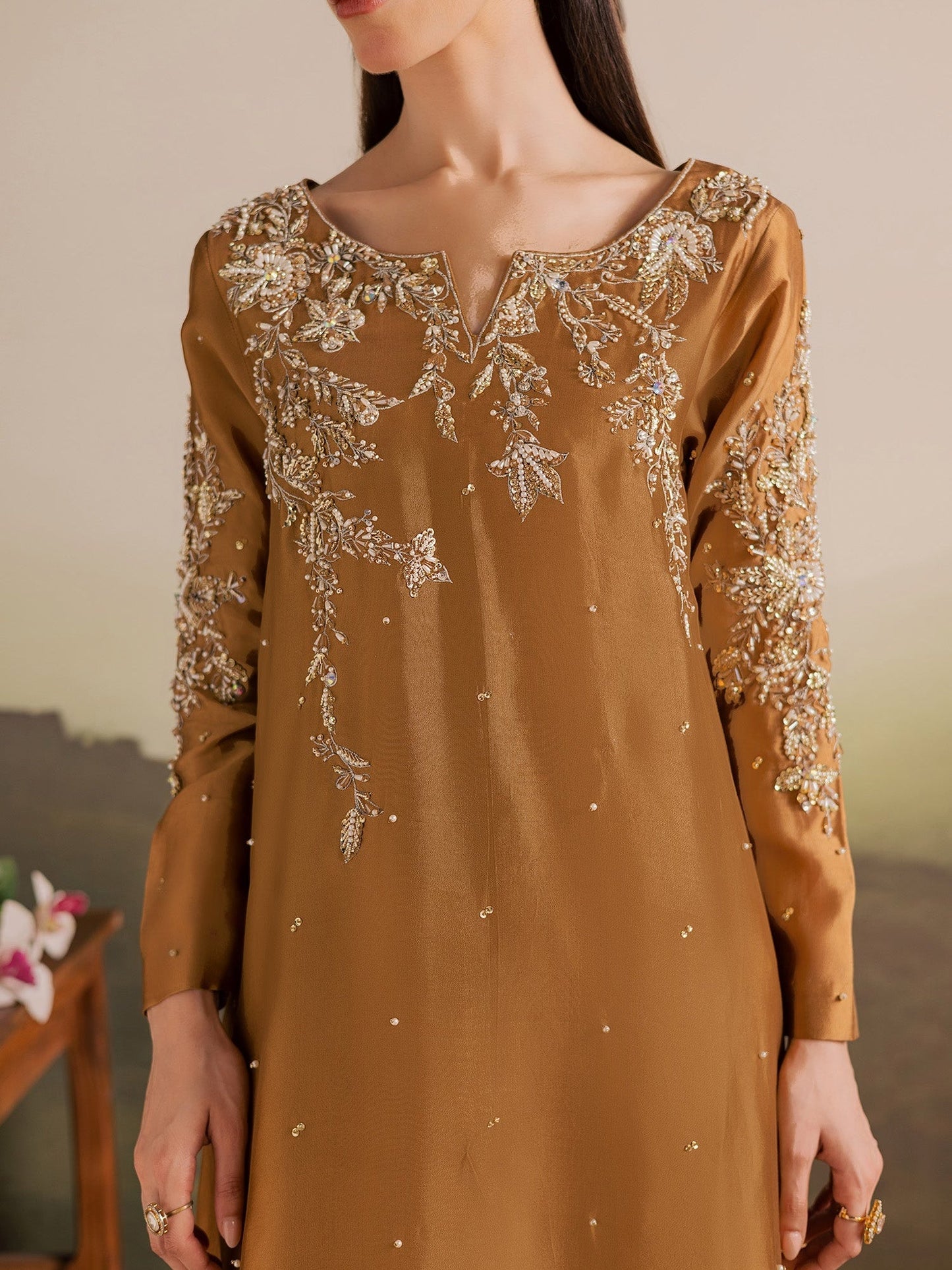 Brown Allure By IH Full Circle Tussel Silk Embroidered Kaftan Set-Gentle