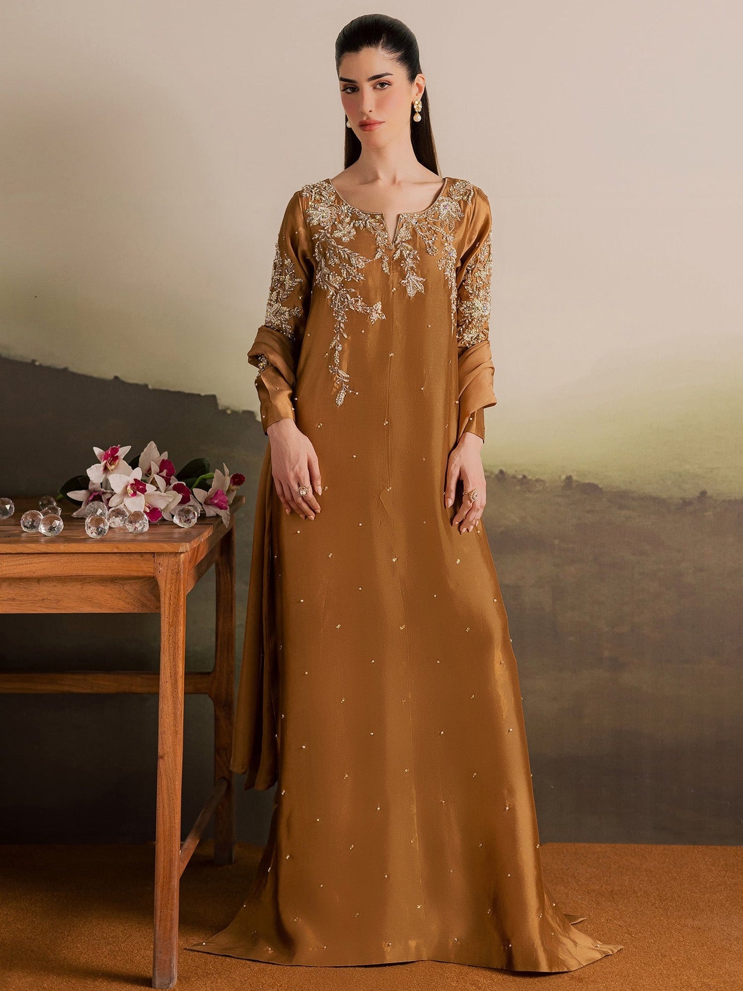 Brown Allure By IH Full Circle Tussel Silk Embroidered Kaftan Set-Gentle