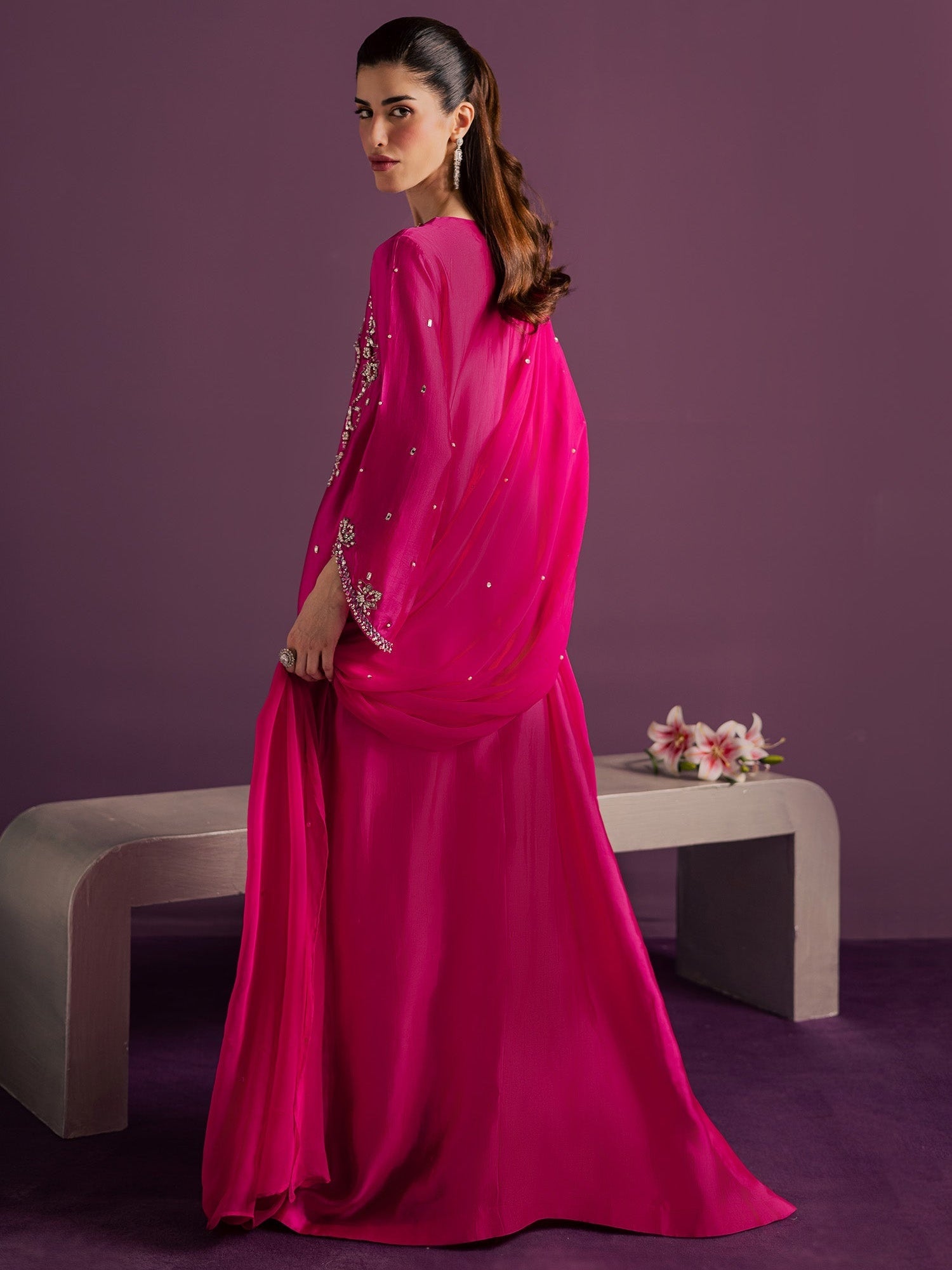 Pink Allure By IH Full Circle Tussel Silk Embroidered Kaftan Set-Orbit