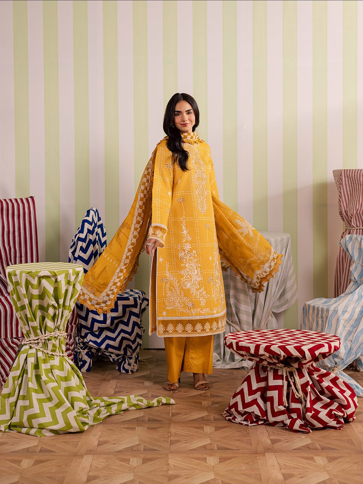 Yellow Mahnur Jahaan Lawn'26 Embroidered Stitched 3-Piece Suit-MJ-03