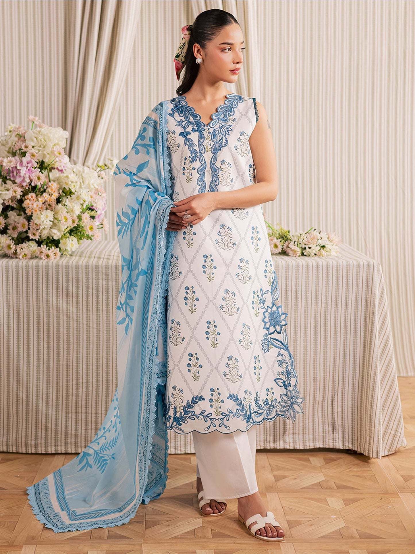 White and Blue Mahnur Afsana Lawn'26 Embroidered Unstitched 3-Piece Suit-AL-10
