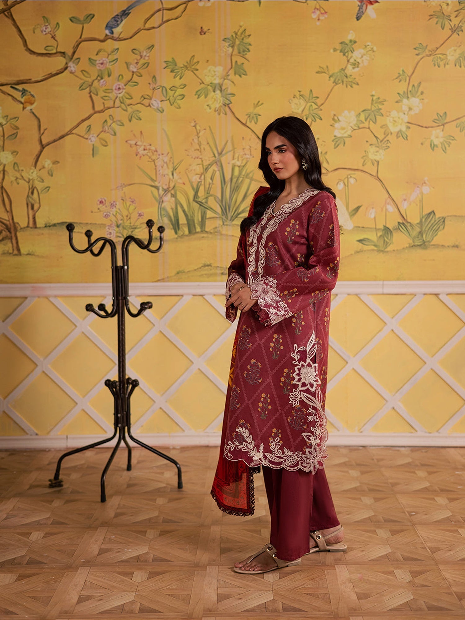 Maroon Mahnur Afsana Lawn'26 Embroidered Stitched 3-Piece Suit-AL-09