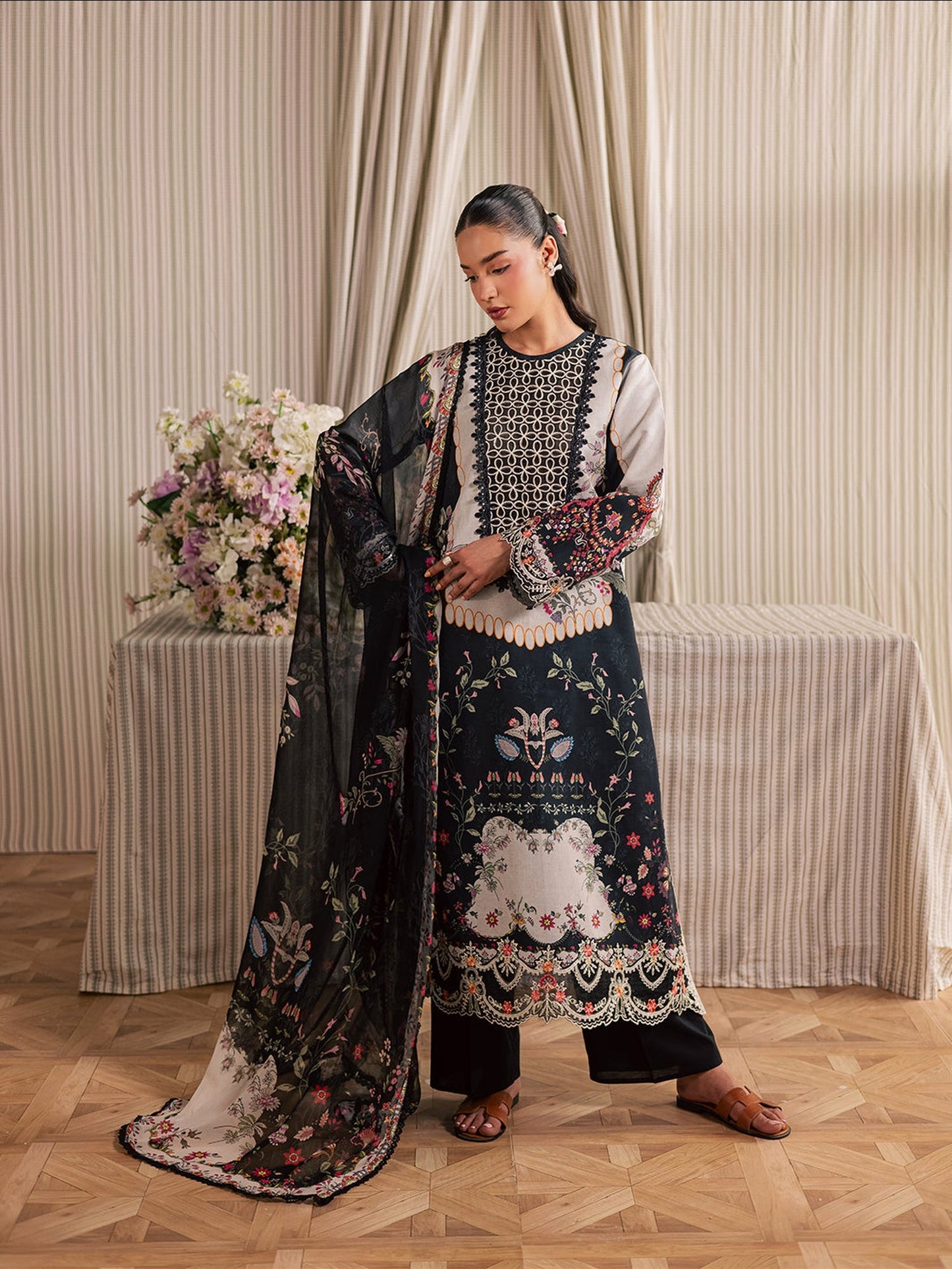 Black Mahnur Jahaan Lawn'26 Embroidered Stitched 3-Piece Suit-MJ-01
