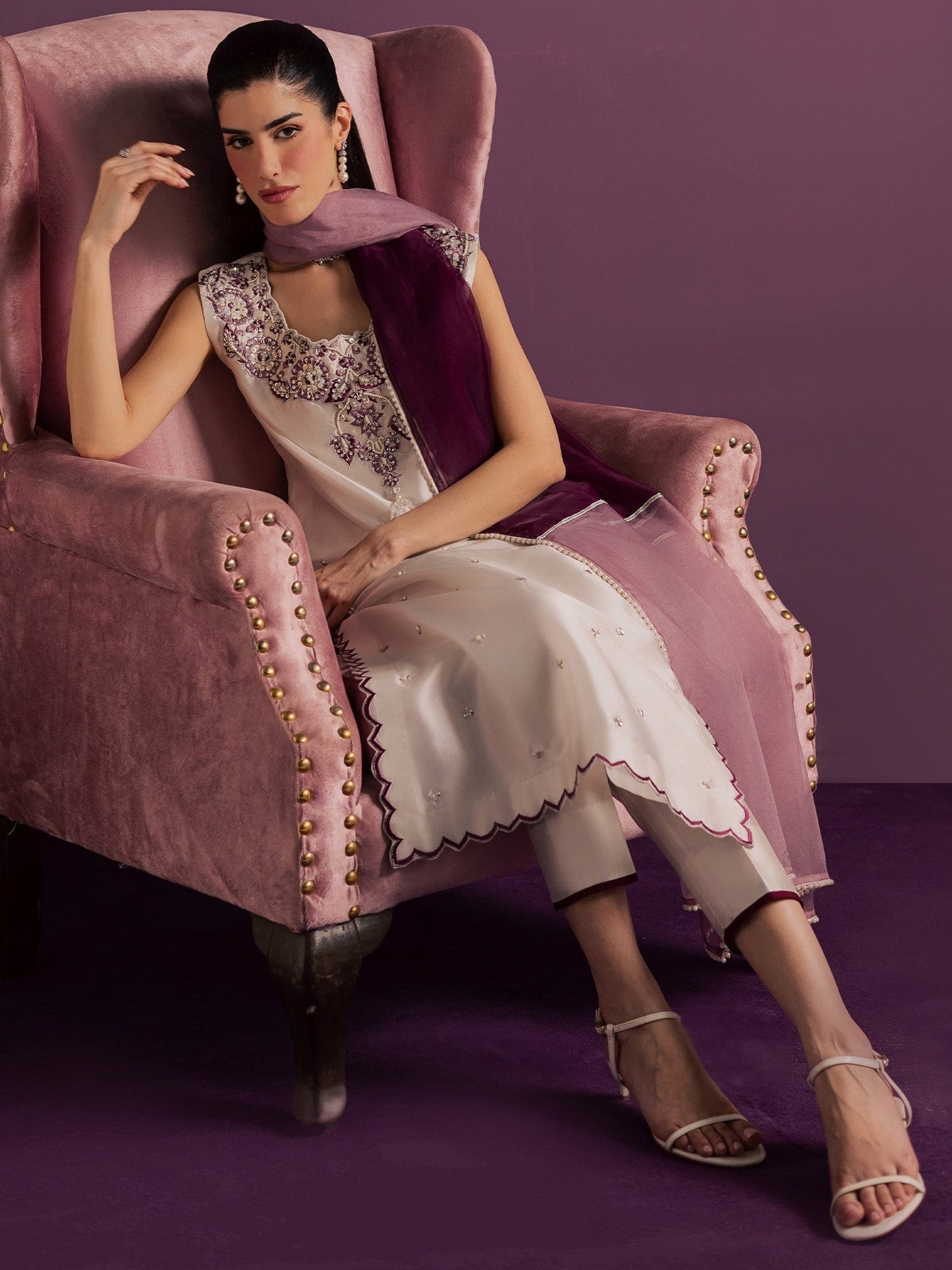 White Allure By IH Full Circle Tussel Silk Embellished Stitched 3-Piece Suit-Echo