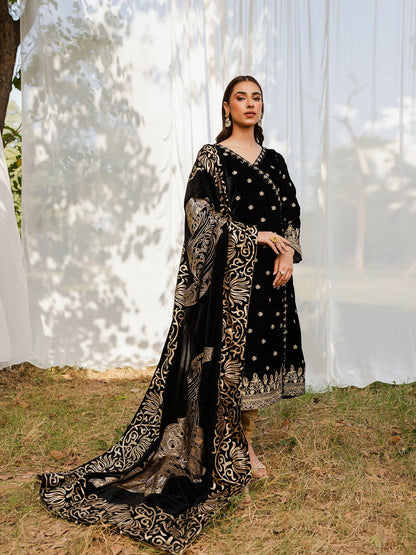 Panache Apparel Velvet Edit Micro Velvet 9000 Embroidered Stitched 3-Piece Suit-Raqs