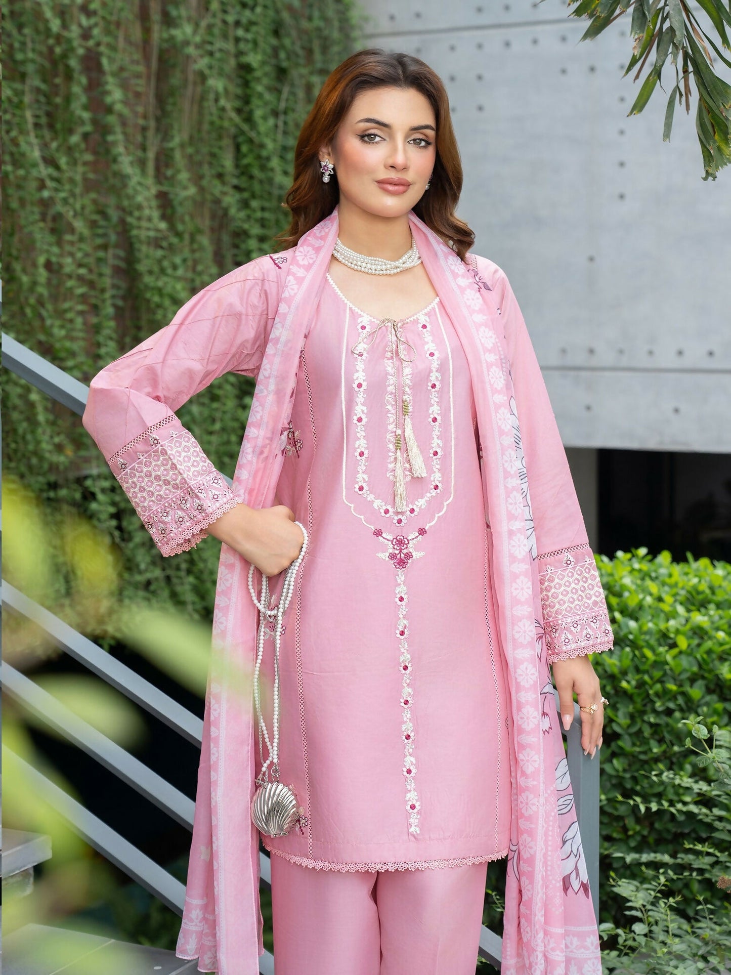 Panache Apparel Solid Story Cotton Lawn Embroidered Stitched Suit-Rosewood