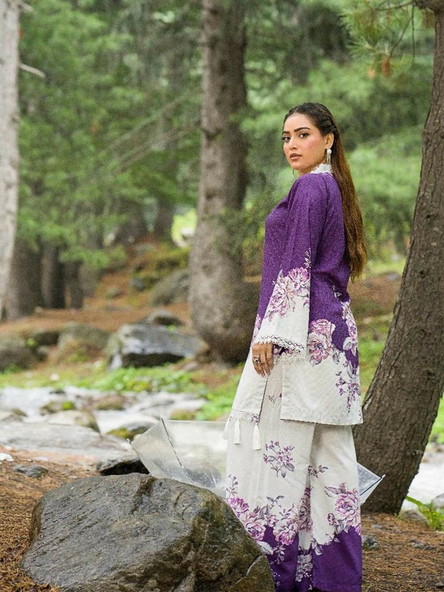 HU Studios Doriya Linen Printed Stitched 2-Piece Suit-Lavender Charm