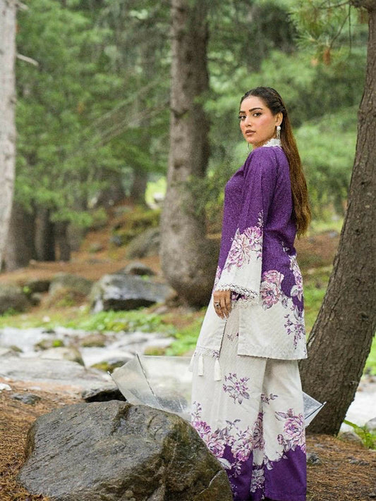 HU Studios Doriya Linen Printed Stitched 2-Piece Suit-Lavender Charm