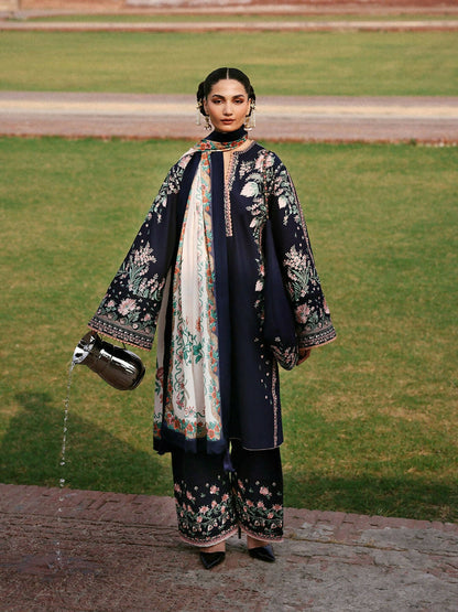 Jugnu By Hussain Rehar Khaddar'25 Embroidered Unstitched 3-Piece Suit-Navi