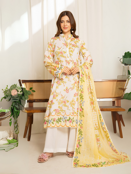 White floral printed lawn suit with yellow voile dupatta